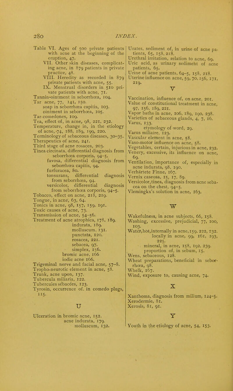 Table VI. Ages of 500 private patients with acne at the beginning of the eruption, 47. VII. Other skin diseases, complicat- ing acne, in 879 patients in private practice, 48. VIII. Heredity as recorded in 879 private patients with acne, 55. IX. Menstrual disorders in 510 pri- vate patients with acne, 71. Tannin-ointment in seborrhoea, 104. Tar acne, 77, 141, 150. soap in seborrhcea capitis, 103. ointment in seborrhcea, 105. Tar-comedones, 109. Tea, effect of, in acne, 98, 221, 232. Temperature, change in, in the etiology of acne,-74, 188, 189, 199, 220. Terminology of sebaceous diseases, 30-35. Therapeutics of acne, 24L Third stage of acne rosacea, 203. Tinea circinata, differential diagnosis from seborrhoea corporis, 94-5. favosa, differential diagnosis from seborrhcea capitis, 94. furfuracea, 80. tonsurans, differential diagnosis from seborrhcea, 94. versicolor, differential diagnosis from seborrhcea corporis, 94-5. Tobacco, effect on acne, 218, 219. Tongue, in acne, 63, 64. Tonics in acne, 98, 157, 159, 191. Toxic causes of acne, 73. Transmission of acne, 54-56. Treatment of acne atrophica, 178, 189. indurata, 189. molluscum, 131. punctata, 120. rosacea, 221. sebacea, 97. simplex, 156. bromic acne, 166 iodic acne 166. Trigeminal nerve and facial acne, 57-8. Tropho-neurotic element in acne, 58. Trunk, acne upon, 137. Tubercula miliaria, 122. Tubercuies sebacees, 123. Tyrosin, occurrence of. in comedo plugs, 5- U Ulceration in bromic acne, 152. acne indurata, 179. molluscum, 132. Urates, sediment of, in urine of acne pa- tients, 65, 15S, 218. Urethral irritation, relation to acne, 69. Uric acid, as urinary sediment of acne patients, 65. Urine of acne patients, 64-5, 158, 218. Uterine influence on acne, 59, 70,156, 171, 219. V Vaccination, influence of, on acne, 201. Value of constitutional treatment in acne, 97, 156, 189, 221. Vapor baths in acne, 106, 189, 190, 238. Varieties of sebaceous glands, 4, 7, 16. Varus, 133. etymology of word, 29. Varus miliaire, 123. Vascular element in acne, 58. Vaso-motor influence on acne, 58. Vegetables, certain, injurious in acne, 232. Venery, excessive, its influence on acne, 69. Ventilation, importance of, especially in acne indurata, 98, 190. Verhartete Finne, 167. Vernix caseosa, 15, 17, 89. Versicolor, tinea, diagnosis from acne seba- cea on the chest, 94-5. Vlemingkx's solution in acne, 163. W Wakefulness, in acne subjects, 66, 158. Washing, excessive, prejudicial, 77, 100, 103. Wate'r,hot,internally in acne, 159. 222, 232. locally in acne, 99, 161, 193, 225. mineral, in acne, 158, 192, 239. proportion of, in sebum, 15. Wens, sebaceous, 128. Wheat preparations, beneficial in sebor- rhcea, 98. Whelk, 167. Wind, exposure to, causing acne, 74. X Xanthoma, diagnosis from milium, 124-5. Xerodermic, Si. Xerosis, 81, 91. Y Youth in the etiology of acne, 54, 153.