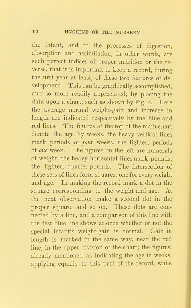the infant, and to the processes of digestion, absorption and assimilation, in other words, are such perfect indices of proper nutrition or the re- verse, that it is important to keep a record, during the first year at least, of these two features of de- velopment. This can be graphically accomplished, and so more readily appreciated, by placing the data upon a chart, such as shown by Fig. 2. Here the average normal weight-gain and increase in length are indicated respectively by the blue and red lines. The figures at the top of the main chart denote the age by weeks, the heavy vertical lines mark periods of four weeks, the lighter, periods of one week. The figures on the left are numerals of weight, the heavy horizontal lines mark pounds, the lighter, quarter-pounds. The intersection of these sets of lines form squares, one for every weight and age. In making the record mark a dot in the square corresponding to the weight and age. At the next observation make a second dot in the proper square, and so on. These dots are con- nected by a line, and a comparison of this line with the test blue line shows at once whether or not the special infant's weight-gain is normal. Gain in length is marked in the same way, near the red line, in the upper division of the chart; the figures, already mentioned as indicating the age in weeks, applying equally to this part of the record, while
