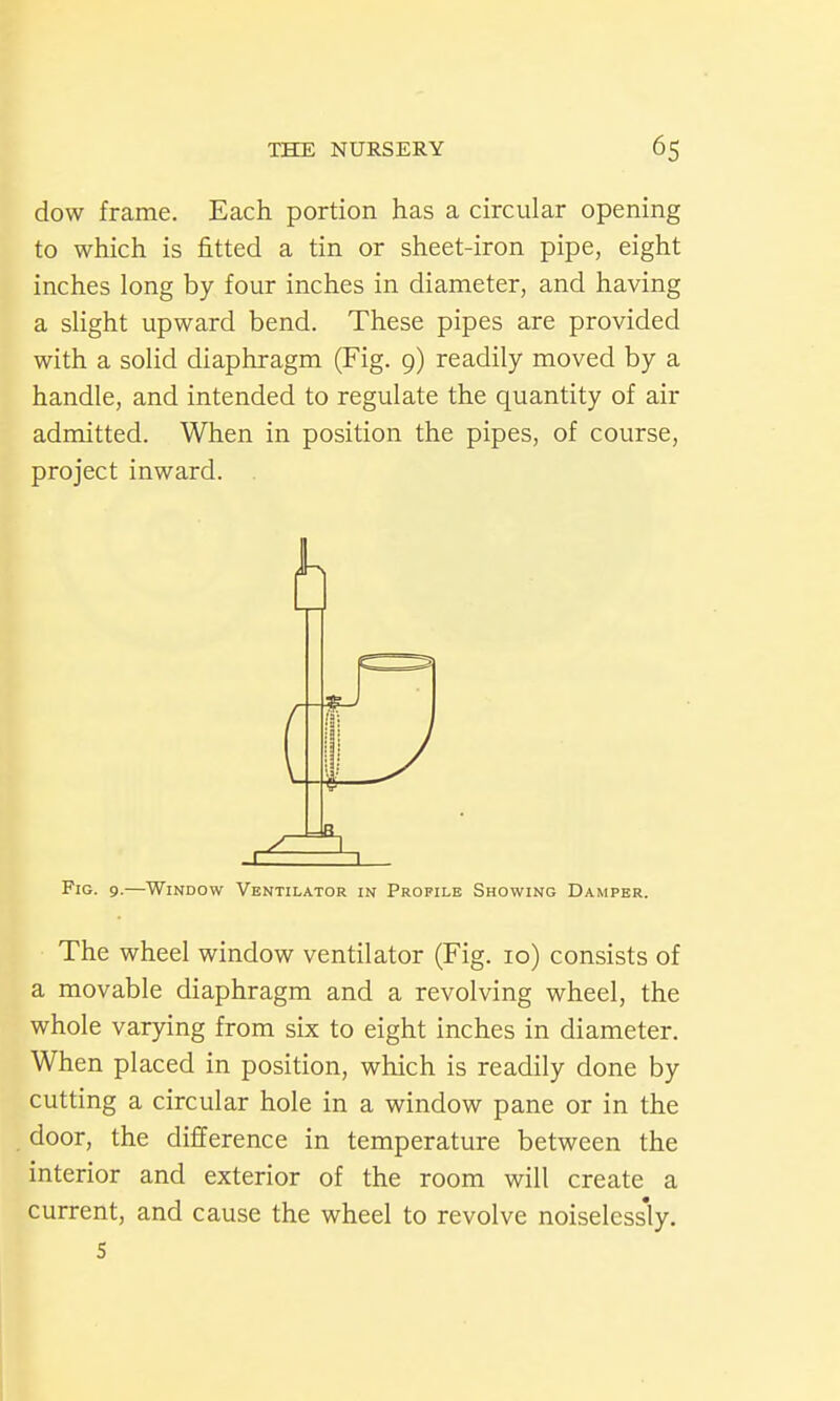 dow frame. Each portion has a circular opening to which is fitted a tin or sheet-iron pipe, eight inches long by four inches in diameter, and having a slight upward bend. These pipes are provided with a solid diaphragm (Fig. 9) readily moved by a handle, and intended to regulate the quantity of air admitted. When in position the pipes, of course, project inward. Fig. 9.—Window Ventilator in Profile Showing Damper. The wheel window ventilator (Fig. 10) consists of a movable diaphragm and a revolving wheel, the whole varying from six to eight inches in diameter. When placed in position, which is readily done by cutting a circular hole in a window pane or in the door, the difference in temperature between the interior and exterior of the room will create a current, and cause the wheel to revolve noiseless'ly. S