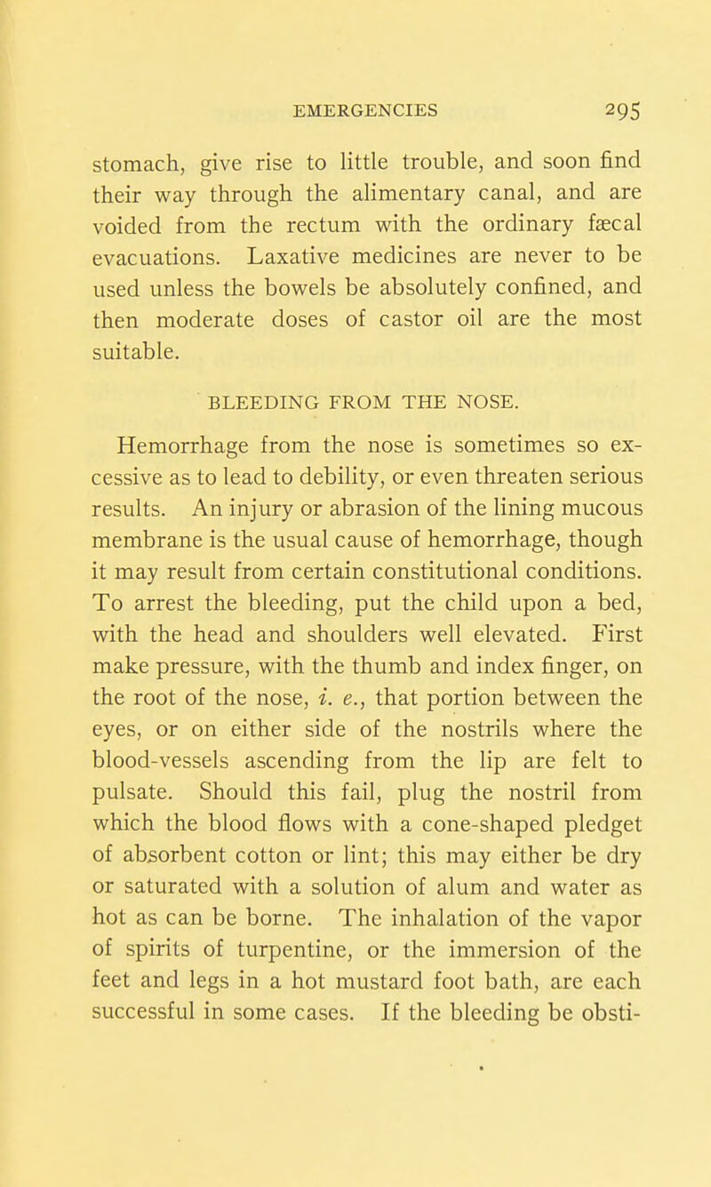stomach, give rise to little trouble, and soon find their way through the alimentary canal, and are voided from the rectum vi^ith the ordinary faecal evacuations. Laxative medicines are never to be used unless the bowels be absolutely confined, and then moderate doses of castor oil are the most suitable. BLEEDING FROM THE NOSE. Hemorrhage from the nose is sometimes so ex- cessive as to lead to debility, or even threaten serious results. An injury or abrasion of the lining mucous membrane is the usual cause of hemorrhage, though it may result from certain constitutional conditions. To arrest the bleeding, put the child upon a bed, with the head and shoulders well elevated. First make pressure, with the thumb and index finger, on the root of the nose, i. e., that portion between the eyes, or on either side of the nostrils where the blood-vessels ascending from the lip are felt to pulsate. Should this fail, plug the nostril from which the blood flows with a cone-shaped pledget of absorbent cotton or lint; this may either be dry or saturated with a solution of alum and water as hot as can be borne. The inhalation of the vapor of spirits of turpentine, or the immersion of the feet and legs in a hot mustard foot bath, are each successful in some cases. If the bleeding be obsti-