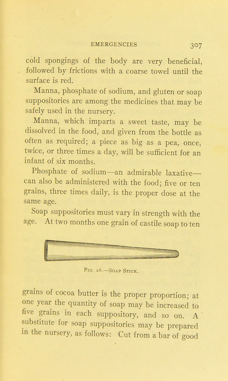 cold spongings of the body are very beneficial, followed by frictions with a coarse towel until the surface is red. Manna, phosphate of sodium, and gluten or soap suppositories are among the medicines that may be safely used in the nursery. Manna, which imparts a sweet taste, may be dissolved in the food, and given from the bottle as often as required; a piece as big as a pea, once, twice, or three times a day, will be sufficient for an infant of six months. Phosphate of sodium—an admirable laxative— can also be administered with the food; five or ten grains, three times daily, is the proper dose at the same age. Soap suppositories must vary in strength with the age. At two months one grain of castile soap to ten Fig. 26.—Soap Stick. grains of cocoa butter is the proper proportion; at one year the quantity of soap may be increased to five grains in each suppository, and so on. A substitute for soap suppositories may be prepared in the nursery, as follows: Cut from a bar of good
