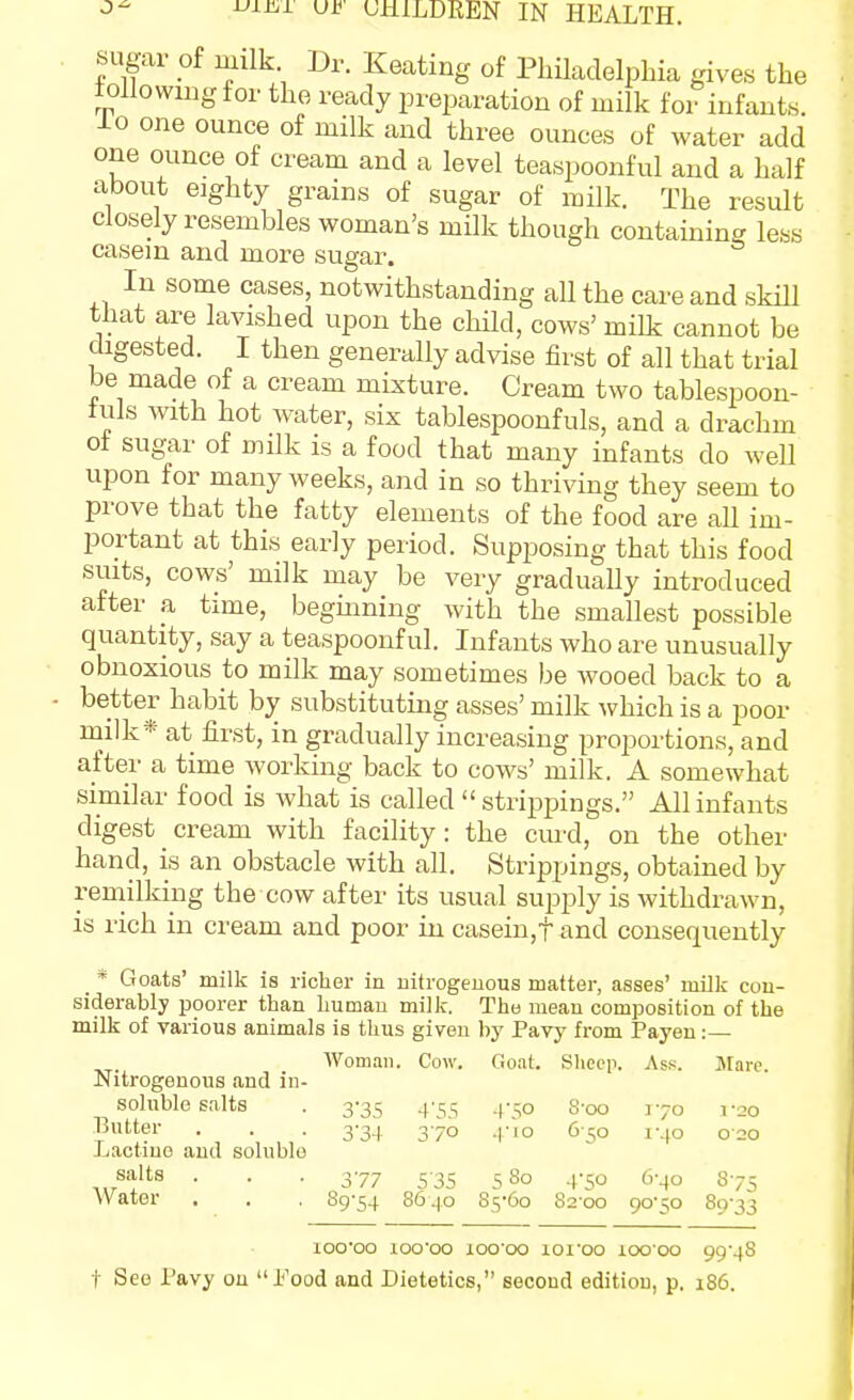 sugar of milk Dr. Keating of Philadelphia gives the tollowmgfor the ready preparation of milk for infants, io one ounce of milk and three ounces of water add one ounce of cream and a level teaspoonful and a half about eighty grains of sugar of milk. The result closely resembles woman's milk though containing less casein and more sugar. In some cases, notwithstanding all the care and skHl that are lavished upon the cliild, cows' milk cannot be digested. I then generally advise first of all that trial be made of a cream mixture. Cream two tablespoon- tuls with hot Avater, six tablespoonfuls, and a dr achm of sugar of milk is a food that many infants do well upon for many weeks, and in so thriving they seem to prove that the fatty elements of the food are all im- portant at this early period. Supposing that this food suits, cows' milk may be very gradually introduced after a time, begmning with the smallest possible quantity, say a teaspoonful. Infants who are unusually obnoxious to milk may sometimes be wooed back to a better habit by substituting asses' milk which is a poor milk* at first, in gradually increasing proportions, and after a time Avorking back to cows' milk. A somewhat similar food is what is called  strippings. All infants digest cream with faciUty: the cm-d, on the other hand, is an obstacle with all. Strippings, obtained by reniilking the cow after its usual supply is withdrawn, is rich in cream and poor iii casein,f and consequently _ * Goats' milk is richer in nifrogeuous matter, asses' milk con- siderably poorer than human milk. The mean composition of the milk of various animals is thus given by Pavy from Payen:— Woman. Cow. Goat. Sheep. Ass. Mare Nitrogenous and in- soluble salts . 3-35 4'55 .(-^o S-oo 170 T20 Butter . . . 3-34 370 .|-io 6-so i-.\o 020 Lactiuo and soluble salts . . . 377 5 35 5 So .1-50 6-40 87s Water . . . 89-54 8640 85-60 82-00 90-50 89-33 loo'oo lOQ-oo 100-00 loi-Qo 10000 99-48 t See Pavy on Pood and Dietetics, second edition, p. 186.