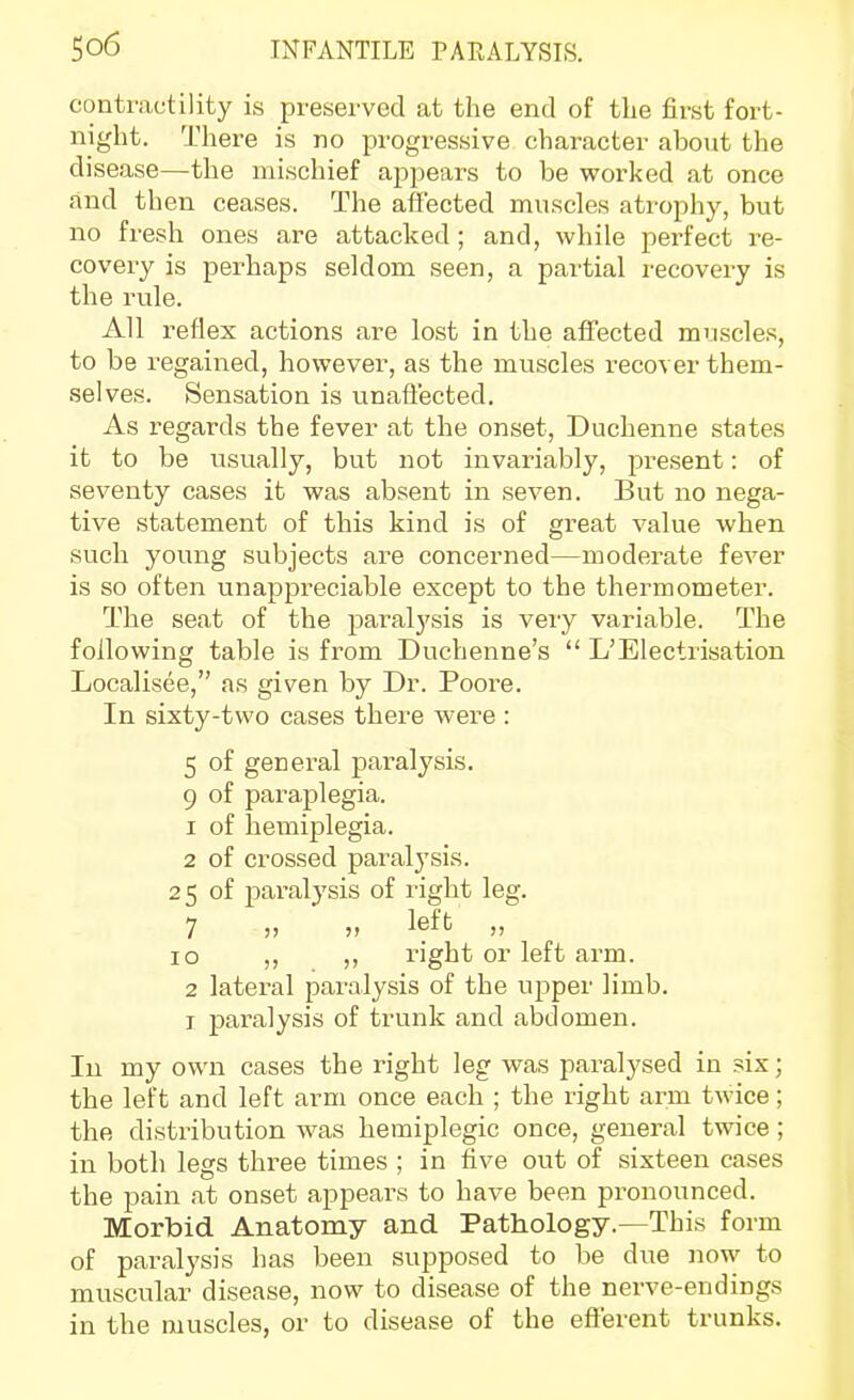 contractility is preserved at the end of the first fort- night. There is no progressive character about the disease—the mischief appears to be worked at once and then ceases. The affected muscles atrophy, but no fresh ones are attacked; and, while perfect re- covery is perhaps seldom seen, a partial recovery is the rule. All reflex actions are lost in the affected muscles, to be regained, however, as the muscles recover them- selves. Sensation is unaffected. As regards the fever at the onset, Duchenne states it to be usually, but not invariably, present: of seventy cases it was absent in seven. But no nega- tive statement of this kind is of great value when such young subjects are concerned—moderate fever is so often unappreciable except to the thermometer. The seat of the paralj'sis is very variable. The following table is from Duchenne's  L'Electrisation Localisee, as given by Dr. Poore. In sixty-two cases there were : 5 of general paralysis. 9 of paraplegia. 1 of heiniplegia. 2 of crossed paralj'sis. 25 of paralysis of right leg. 7 » » left „ 10 ,, ,, right or left arm. 2 lateral paralysis of the upper limb. I paralysis of trunk and abdomen. In my own cases the right leg was paralysed in six; the left and left arm once each ; the right arm twice; the distribution was hemiplegic once, general twice ; in both legs three times ; in five out of sixteen cases the pain at onset appears to have been pronounced. Morbid Anatomy and Pathology.—This form of paralysis has been supposed to be due now to muscular disease, now to disease of the nerve-endings in the muscles, or to disease of the efferent trunks.