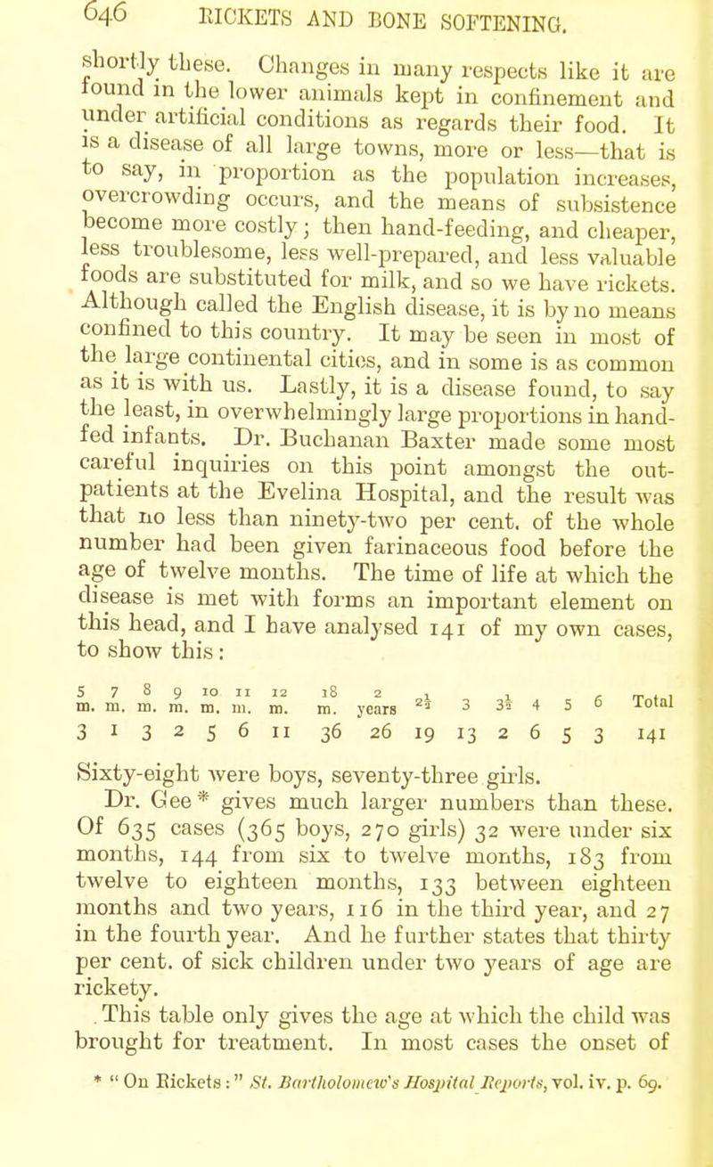 shortly these. Changes in many respects like it are tound in the lower animals kept in confinement and under artificial conditions as regards their food. It IS a disease of all large towns, more or less—that is to say, in proportion as the population increases, overcrowding occurs, and the means of subsistence become more costly; then hand-feeding, and cheaper, less troublesome, less well-prepared, and less valuable foods are substituted for milk, and so we have rickets. Although called the English disease, it is by no means confined to this country. It may be seen in most of the large continental cities, and in some is as common as it IS with us. Lastly, it is a disease found, to say the least, in overwhelmingly large proportions in hand- fed infants. Dr. Buchanan Baxter made some most careful inquiries on this point amongst the out- patients at the Evelina Hospital, and the result was that no less than ninety-two per cent, of the whole number had been given farinaceous food before the age of twelve mouths. The time of life at which the disease is met with forms an important element on this head, and I have analysed 141 of my own cases, to show this: 5 7 8 9 10 II 12 18 2 1 1 « T 1 1 m. m. m. m. m. m. m. m. years 3 3= 4 5 o loiai 3 1 3 2 5 6 II 36 26 19 13 2 6 5 3 141 Sixty-eight Avere boys, seventy-three girls. Dr. Gee* gives much larger numbers than these. Of 635 cases (365 boys, 270 girls) 32 were under six months, 144 from six to twelve months, 183 from twelve to eighteen months, 133 between eighteen months and two years, 116 in the third year, and 27 in the fourth year. And he further states that thirty per cent, of sick children under two years of age are rickety. . This table only gives the age at which the child was brought for ti'eatment. In most cases the onset of