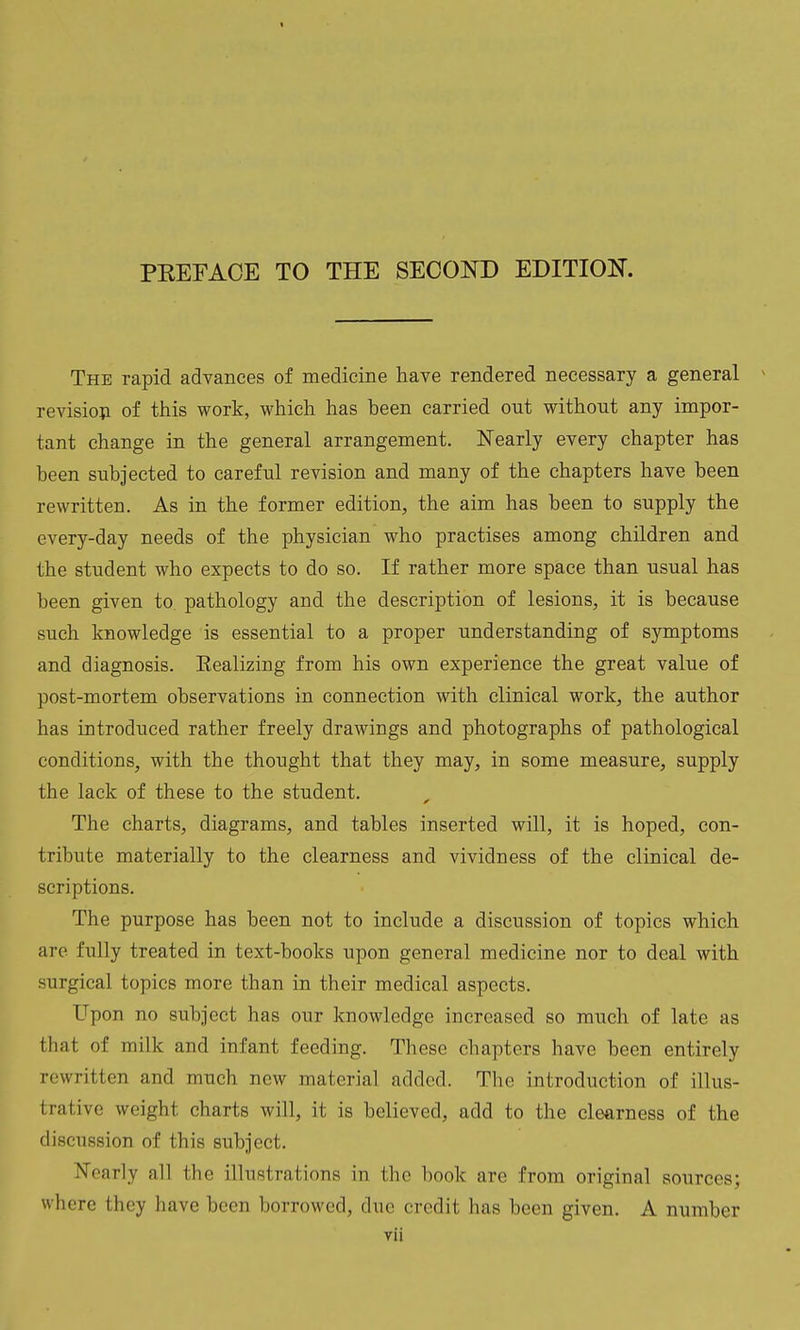 The rapid advances of medicine have rendered necessary a general revision of this work, which has been carried out without any impor- tant change in the general arrangement. Nearly every chapter has been subjected to careful revision and many of the chapters have been rewritten. As in the former edition, the aim has been to supply the every-day needs of the physician who practises among children and the student who expects to do so. If rather more space than usual has been given to pathology and the description of lesions, it is because such knowledge is essential to a proper understanding of symptoms and diagnosis. Eealizing from his own experience the great value of post-mortem observations in connection with clinical work, the author has introduced rather freely drawings and photographs of pathological conditions, with the thought that they may, in some measure, supply the lack of these to the student. The charts, diagrams, and tables inserted will, it is hoped, con- tribute materially to the clearness and vividness of the clinical de- scriptions. The purpose has been not to include a discussion of topics which are fully treated in text-books upon general medicine nor to deal with surgical topics more than in their medical aspects. Upon no subject has our knowledge increased so much of late as that of milk and infant feeding. These chapters have been entirely rewritten and much new material added. The introduction of illus- trative weight charts will, it is believed, add to the clearness of the discussion of this subject. Nearly all the illustrations in I he hook are from original sources: where they have been borrowed, due credit has been given. A number