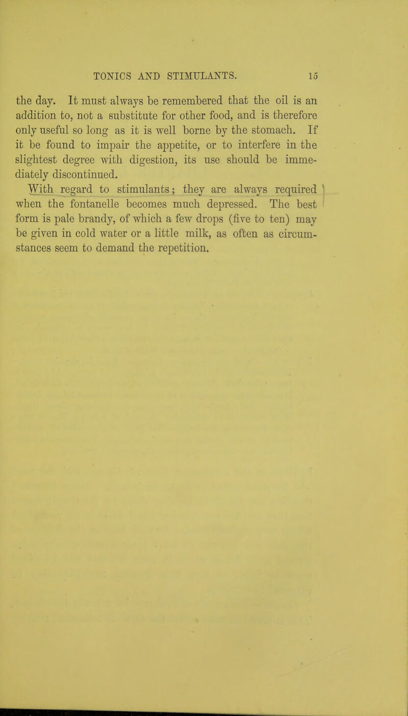 the day. It must always be remembered that the oil is an addition to, not a substitute for other food, and is therefore only useful so long as it is well borne by the stomach. If it be found to impair the appetite, or to interfere in the slightest degree with digestion, its use should be imme- diately discontinued. With regard to stimulants; they are always required when the fontanelle becomes much depressed. The best form is pale brandy, of which a few drops (five to ten) may be given in cold water or a little milk, as often as circum- stances seem to demand the repetition.