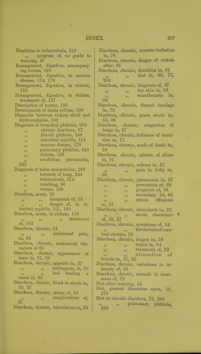 Dentition in tuberculosis, 210 progress of, no guide to weaning, 41 Derangement, digestive, accompany- ing woi-ms, 193 Derangement, digestive, in mucous disease, 174, 176 Derangement, digestive, in rickets, 113 Derangement, digestive, in rickets, treatment of, 137 Description of worms, 188 Develoijment of tienia solium, 190 Diagnosis between rickety skull and hydroceijlialus, 102 Diagnosis of bronchial phthisis, 264 ,, chronic diari'hoea, 67 ,, fibroid phthisis, 248 ,, inherited syphilis, 154 mucous disease, 178 ,, pulmonary phthisis, 243 ,, rickets, 128 ,, scrofulous pneumonia, 245 Diagnosis of tabes mesenterica, 268 ,, tubei'cle of lung, 244 ,, tiiberculosis, 214 ,, vomiting, 90 ,, worms, 198 Diarrhoea, acute, 28 ,, ,, treatment of, 53 ,, ,, danger of, in in- herited syphilis, 151, 160 Diarrhoea, acute, in rickets, 116 ,, ,, ,, treatment of, 142 Dian'hoea, chronic, 54 ,, abdominal pain, in, 56 Dian'hoea, chronic, anatomical cha- ractei's of 65 Diarrhoea, chronic, appearance of tears in, 61, 69 Diarrhoea, chronic, appetite in, 67 ,, astringents, in, 80 ,, bad feeding a cause of, 62 Diarrhoea, chronic, blood in stools in, 55, 57 Diarrhoea, chronic, causes of, 62 ,, ,, complications of, 57 Diarrhoea, chronic, convulsions in, 58 Diarrhoea, chronic, counter-irritation in, 78 Dian-hcea, chronic, danger of rickets after, 85 Diarrhoea, chronic, dentition in, 61 ,, ,, diet in, 69, 73, 283 Diarrhoea, chronic, diagnosis of, 67 ,, dry skin in, 56 ,, ,, exanthemata in, 58 Dian-hoea, chronic, flannel bandage in, 73 Diarrhoea, -chronic, green stools in, 55, 68 Dian-hcea, chronic, congestion of lungs in, 57 DiaiThosa, chronic, influence of denti- tion on, 71 Dianhoea, chronic, mode of death in, 59 DiaiThcea, chronic, nitrate of silver in, 81 Dian-hoea, chronic, oedema in, 57 ,, ,, pain in belly in, 56 Dian-hcea, chronic, pneumonia in, 57 ,, ,, prevention of, 69 ,, ,, prognosis of, 68 ,, ,, secondaiy, 54, 64 ,, ,, serous efifusions in, 57 Diarrhoea, chronic, stimulants in, 82 ,, ,, stools, characters of, 55, 57 Diarrhoea, chronic, symptoms of, 54 ,, thrombosis of cere- bral sinuses, 58 Diarrhoea, chi-onic, tongiie in, 56 ,, tonics in, 84 )) ,, treatment of, 72 >, ,, ulceration of bowels in, 57, 65 Diarrhoea, chronic, variations in in- tensity of, 56 Diarrhoea, chronic, warmth in treat- ment of, 72 Diet after weaning, 44 Diet, general directions upon, 10, 273 Diet in chronic diarrhoea, 73, 283 ,, ,, pulmonary phthisis, 289