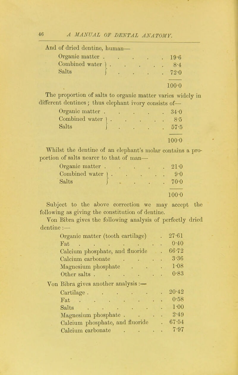 And of dried dentine, human— Organic matter . Combined water Salts 19-6 8-4 72-0 100 0 The proportion of salts to organic matter varies widely in different dentines; thus elephant ivory consists of— Organic matter 34-0 Combined water Salts 8-5 57-5 1000 Whilst the dentine of an elephant's molar contains a pro- portion of salts nearer to that of man— Organic matter . . . . .21*0 Combined water | 9*0 Salts J . . . . 70-0 100-0 accept the Subject to the above correction we may following as giving the constitution of dentine. Von Bibra gives the following analysis of perfectly dried dentine :— Organic matter (tooth cartilage) . 27-61 Fat . 0-40 Calcium phosphate, and fluoride . 66-72 Calcium carbonate . 3-36 Magnesium phosphate . 1-08 Other salts ..... . 0-83 Von Bibra gives another analysis :— Cartilage ..... . 20-42 Fat . 0-58 Salts . 1-00 Magnesium phosphate . . 2-4i) Calcium phosphate, and fluoride . 67-54 Calcium carbonate . 7-97