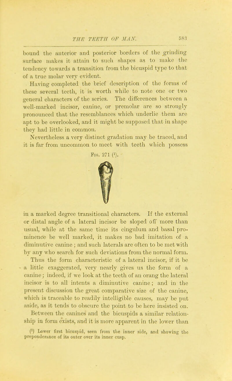 bound the anterior and posterior borders of the grinding surface makes it attain to such shapes as to make tiio tendency towards a transition from the bicuspid type to that of a true molar very evident. Having completed the brief description of the forms of these several teeth, it is worth while to note one or two general characters of the series. The differences between a well-marked incisor, canine, or premolar are so strongly pronoiuiced that the resemblances which underlie them are apt to be overlooked, and it might be supposed that in shape they had little in common. Nevertheless a very distinct gradation may be traced, and it is far from uncommon to meet with teeth which possess Fio. 271 (1). in a marked degree transitional characters. If the external or distal angle of a lateral incisor be sloped ofl' more than usual, while at the same time its cingulura and basal pro- minence be well marked, it makes no bad imitation of a diminutive canine ; and such laterals are often to be met with by any who search for such deviations from the normal form. Thus the form characteristic of a lateral incisor, if it be a little exaggerated, very neai-ly gives us the form of a canine; indeed, if we look at the teeth of an orang the lateral incisor is to all intents a diminutive canine ; and in the present discussion the great comparative size of the canine, which is traceable to readily intelligible causes, may be pnt aside, as it tends to obscure the point to be here insisted on. Between the canines and the bicuspids a similar relation- ship in form exists, and it is more apparent in the lower than (') Lower first biciisidd, seen from tlie inner side, and showing the preponderance of its outer over its inner cusp.