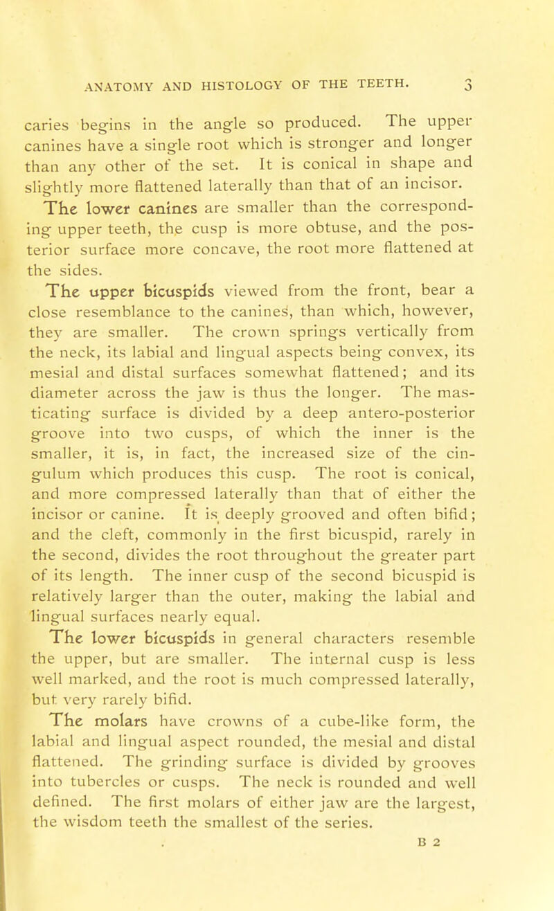 caries begins in the angle so produced. The upper canines have a single root which is stronger and longer than any other of the set. It is conical in shape and slightly more flattened laterally than that of an incisor. The lower canines are smaller than the correspond- ing upper teeth, the cusp is more obtuse, and the pos- terior surface more concave, the root more flattened at the sides. The upper bicuspids viewed from the front, bear a close resemblance to the canines, than which, however, they are smaller. The crown springs vertically from the neck, its labial and lingual aspects being convex, its mesial and distal surfaces somewhat flattened; and its diameter across the jaw is thus the longer. The mas- ticating surface is divided by a deep antero-posterior groove into two cusps, of which the inner is the smaller, it is, in fact, the increased size of the cin- gulum which produces this cusp. The root is conical, and more compressed laterally than that of either the incisor or canine. It is deeply grooved and often bifid; and the cleft, commonly in the first bicuspid, rarely in the second, divides the root throughout the greater part of its length. The inner cusp of the second bicuspid is relatively larger than the outer, making the labial and lingual surfaces nearly equal. The lower bicuspids in general characters resemble the upper, but are smaller. The internal cusp is less well marked, and the root is much compressed laterally, but very rarely bifid. The molars have crowns of a cube-like form, the labial and lingual aspect rounded, the mesial and distal flattened. The grinding surface is divided by grooves into tubercles or cusps. The neck is rounded and well defined. The first molars of either jaw are the largest, the wisdom teeth the smallest of the series. B 2