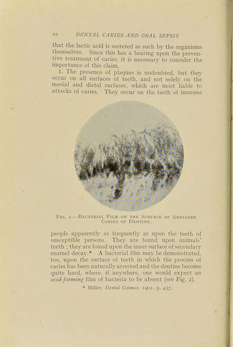 that the lactic acid is secreted as such by the organisms themselves. Since this has a bearing upon the preven- tive treatment of caries, it is necessary to consider the importance of this claim. I. The presence of plaques is undoubted, but they occur on all surfaces of teeth, and not solely on the mesial and distal surfaces, which are most liable to attacks of caries. They occur on the teeth of immune Fig. 2.—Bacterial Film on the Surface of Arrested Caries of Dentine. people apparentl}' as frequently as upon the teeth of susceptible persons. They are found upon animals' teeth ; they are found upon the inner surface of secondarj^ enamel decay.* A bacterial film may be demonsti^ated, too, upon the surface of teeth in which the process of caries has been naturally arrested and the dentine become quite hard, where, if anywhere, one would expect an acid-forming film of bacteria to be absent (see Fig. 2). * Miller, Dental Cosmos, 1902, p. 437.