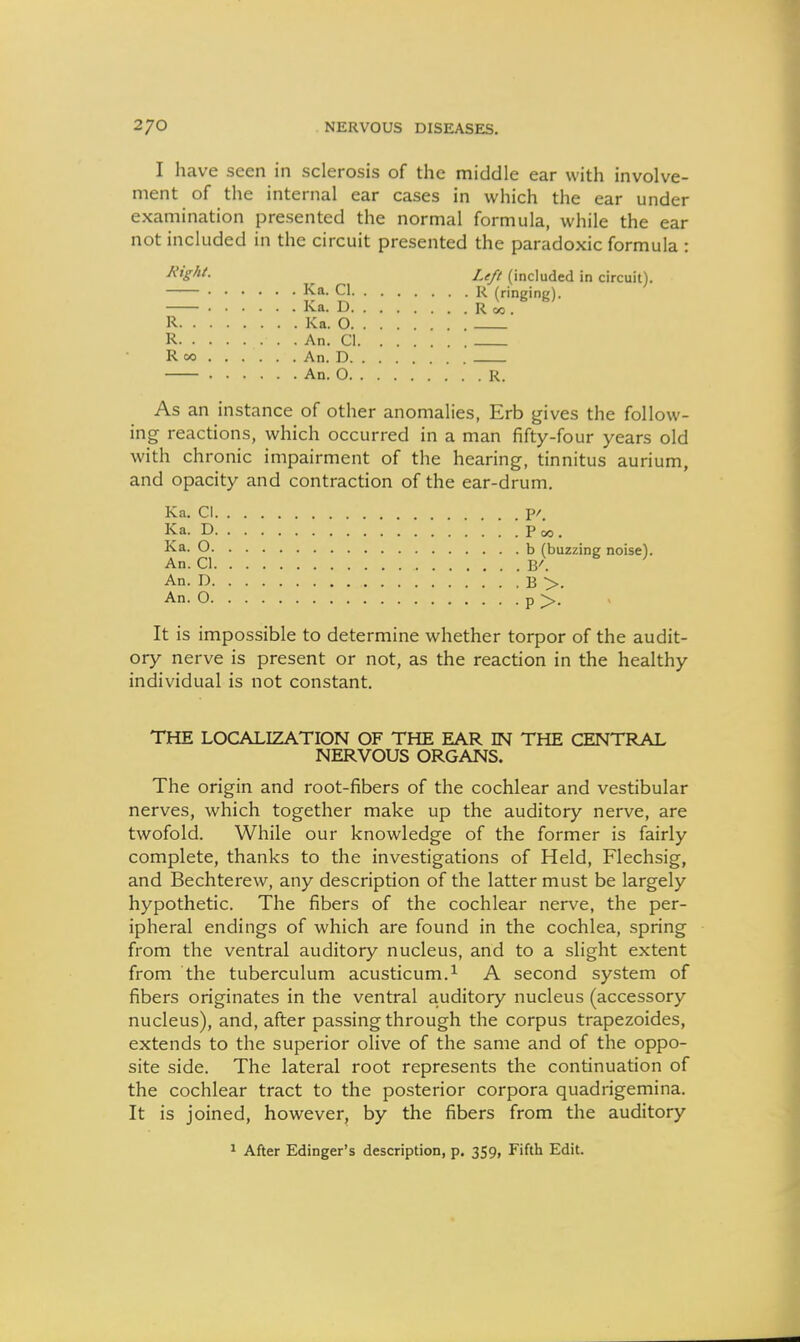 I have seen in sclerosis of the middle ear with involve- ment of the internal ear cases in which the ear under examination presented the normal formula, while the ear not included in the circuit presented the paradoxic formula : J^igh'- Left (included in circuit). Ka. CI R (ringing). R. . R. . R 00 Ka. D. Ka. O. An. CI. An. D. An. O. . R CX3 . R. As an instance of other anomalies, Erb gives the follow- ing reactions, which occurred in a man fifty-four years old with chronic impairment of the hearing, tinnitus aurium, and opacity and contraction of the ear-drum. Ka. CI p/ Ka. D p oo . Ka. O b (buzzing noise). An. CI B''. An. D B >. An. O p >. It is impossible to determine whether torpor of the audit- ory nerve is present or not, as the reaction in the healthy individual is not constant. THE LOCALIZATION OF THE EAR IN THE CENTRAL NERVOUS ORGANS. The origin and root-fibers of the cochlear and vestibular nerves, which together make up the auditory nerve, are twofold. While our knowledge of the former is fairly complete, thanks to the investigations of Held, Flechsig, and Bechterew, any description of the latter must be largely hypothetic. The fibers of the cochlear nerve, the per- ipheral endings of which are found in the cochlea, spring from the ventral auditory nucleus, and to a slight extent from the tuberculum acusticum.^ A second system of fibers originates in the ventral auditory nucleus (accessory nucleus), and, after passing through the corpus trapezoides, extends to the superior olive of the same and of the oppo- site side. The lateral root represents the continuation of the cochlear tract to the posterior corpora quadrigemina. It is joined, however, by the fibers from the auditory ^ After Edinger's description, p. 359, Fifth Edit.