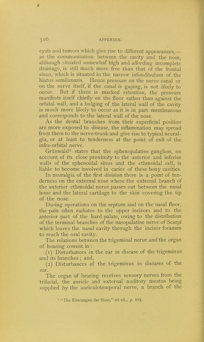 • 3l6 APPENDIX. cysts and tumors which give rise to different appearances,— as the communication between the cavity and the nose, although situated somewhaf high and affording incomplete drainage, is still much more free than that of the frontal sinus, which is situated in the narrow infundibulum of the hiatus semilunaris. Hence pressure on the nerve canal or on the nerve itself, if the canal is gaping, is not likely to occur. But if there is marked retention, the pressure manifests itself chiefly on the floor rather than against the orbital wall, and a bulging of the lateral wall of the cavity is much more likely to occur as it is in part membranous and corresponds to the lateral wall of the nose. As the dental branches from their superficial position are more exposed to disease, the inflammation may spread from them to the nerve-trunk and give rise to typical neural- gia, or at least to tenderness at the point of exit of the infra-orbital nerve. Griinwald^ states that the sphenopalatine ganglion, on account of its close proximity to the anterior and inferior walls of the sphenoidal sinus and the ethmoidal cell, is liable to become involved in caries of these bony cavities. In neuralgia of the first division there is a point of ten- derness on the external nose where the external branch of the anterior ethmoidal nerve passes out between the nasal bone and the lateral cartilage to the skin covering the tip of the nose. During operations on the septum and on the nasal floor, the pain often radiates to the upper incisors and to the anterior part of the hard palate, owing to the distribution of the terminal branches of the nasopalatine nerve of Scarpi which leaves the nasal cavity through the incisor foramen to reach the oral cavity. The relations between the trigeminal nerve and the organ of hearing consist in : (1) Disturbances in the ear in disease of the trigeminus and its branches ; and, (2) Disturbances of the trigeminus in diseases of the ear. The organ of hearing receives sensory nerves from the trifacial, the auricle and external auditory meatus being supplied by the auriculotemporal nerve, a branch of the > Die Eiterungen der Nase, 2d ed., p. 125.