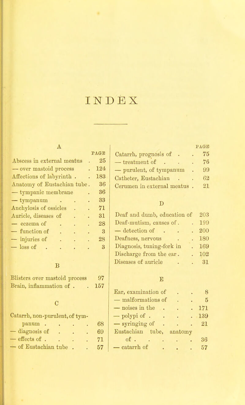 INDEX PAGE Abscess in external meatus 25 — over mastoid process 124 Affections of labyrintli • 183 ATinfmmv rtT HinQf.nphiflTi f'.nlip 36 — mptUiic memDiuue . — tympanum • • oo Anchylosis of ossicles 71 Auricle, diseases of . . 31 — eczema of . . . 28 — function of . . . 3 — injuries of . . . 28 — loss of ... . 3 B Blisters over mastoid process 97 Brain, inflammation of . 157 C Catarrh, non-purulent, of tym- panum . . . . 68 — diagnosis of . . . 69 — effects of . 71 — of Eustachian tube . 57 PAGE Catarrh, prognosis of . 75 — treatment of . 76 — purulent, of tympanum . 99 Catheter, Eustachian 62 Cerumen in external meatus . 21 D Deaf and dumb, education of 203 Deaf-mutism, causes of. 199 — detection of . . . 200 Deafness, nervous 180 Diagnosis, tuning-fork in 169 Discharge from the ear. 102 Diseases of auricle 31 E Ear, examination of . . 8 — malformations of . , 5 — noises in the . . .171 — polypi of . . . .139 — syringing of . . . 21 Eustachian tube, anatomy of 36 — catarrh of ... 57