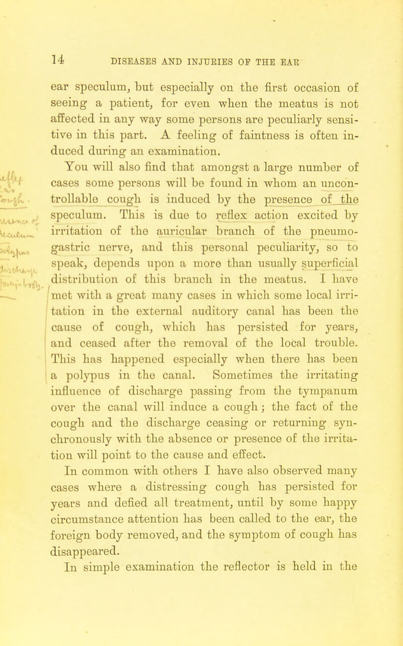 ear speculum, but especially on the first occasion of seeing a patient, for even wlien tlie meatus is not affected in any way some persons are peculiarly sensi- tive in this part. A feeling of faintness is often in- duced during an examination. You will also find that amongst a large number of cases some persons will be found in whom an uncon- trollable^ cough is induced by the presence of the speculum. This is due to reflex action excited by irritation of the auricular branch of the pneumo- gastric nerve, and this personal peculiarity, so to speak, depends upon a more than usually superficial distribution of this branch in the meatus. I have met with a great many cases in which some local irri- tation in the external auditory canal has been the cause of cough, which has persisted for years, and ceased after the removal of the local trouble. This has happened especially when there has been a polypus in the canal. Sometimes the irritating influence of discharge passing from the tympanum over the canal will induce a cough; the fact of the cough and the discharge ceasing or returning syn- chronously with the absence or presence of the irrita- tion will point to the cause and eiiect. In common with others I have also observed many cases where a distressing cough has persisted for years and defied all treatment, until by some happy circumstance attention has been called to the ear, the foreign body removed, and the symptom of cough has disappeared. In simple examination the reflector is held in the