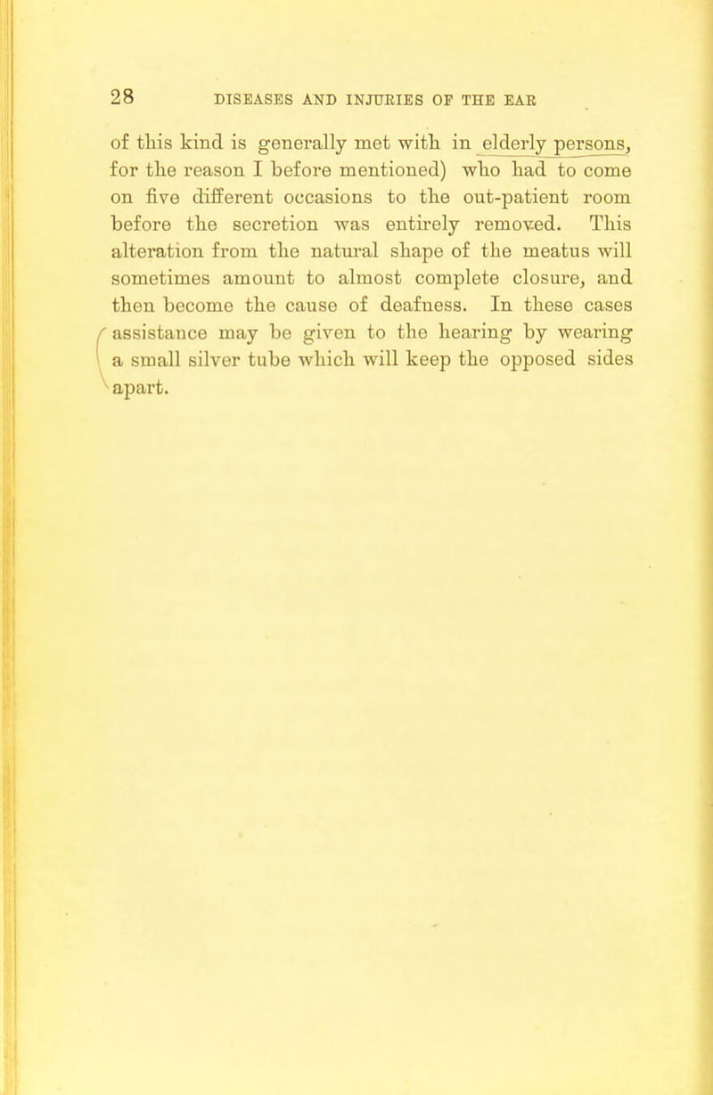 of this kind is generally met with in elderly persons, for the reason I before mentioned) who had to come on five different occasions to the out-patient room before the secretion was entirely remov.ed. This alteration fi-om the natm-al shape of the meatus will sometimes amount to almost complete closure, and then become the cause of deafness. In these cases assistance may be given to the hearing by wearing a small silver tube which will keep the opposed sides apart.