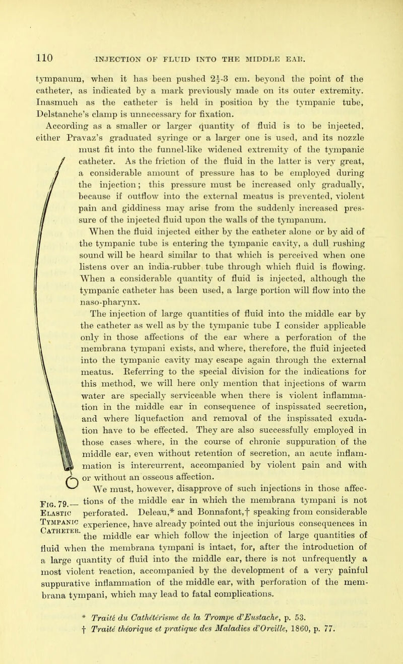 tympanum, when it has been pushed cm. beyond the point of the catlieter, as indicated by a mark previously made on its outer extremity. Inasmuch as the catheter is held in position by tlie tympanic tube, Delstanche's clamp is unnecessary for fixation. According as a smaller or larger quantity of fluid is to be injected, either Pravaz's graduated syringe or a larger one is used, and its nozzle must fit into the funnel-like widened extremity of the tympanic catheter. As the friction of the fluid in the latter is very great, a considerable amount of pressure has to be employed during the injection; this pressure must be increased only gradually, because if outflow into the external meatus is prevented, violent pain and giddiness may arise from the suddenly increased pres- sure of the injected fluid upon the walls of the tj^npanum. When the fluid injected either by the catheter alone or by aid of the tympanic tiabe is entering the tympanic cavity, a dull rushing sound will be heard similar to that which is perceived when one listens over an india-rubber tube through which fluid is flowing. When a considerable quantity of fluid is injected, although the tympanic catheter has been used, a large portion will flow into the naso-pharynx. The injection of large quantities of fluid into the middle ear by the catheter as well as by the tympanic tube I consider aj)plicable only in those aflections of the ear where a perforation of the membrana tympani exists, and where, therefore, the fluid injected into the tympanic cavity may escape again through the external meatus. Referring to the special division for the indications for this method, we will here only mention that injections of warm water are specially serviceable when there is violent inflamma- tion in the middle ear in consequence of inspissated secretion, and where liquefaction and removal of the inspissated exuda- tion have to be eff'ected. They are also successfully employed in those cases where, in the comrse of chronic suppuration of the middle ear, even without retention of secretion, an acute inflam- mation is intercurrent, accompanied by violent pain and with or without an osseous affection. We must, however, disapprove of such injections in those affec- ■pjQ tions of the middle ear in which the membrana tympani is not Elastic perforated. Deleau,* and Bonnafont,t speaking from considerable Tympanic experience, have already pointed out the injurious consequences in Catheter ' the middle ear which follow the injection of large quantities of fluid when the membrana tympani is intact, for, after the introduction of a large quantity of fluid into the middle ear, there is not unfrequently a most violent i-eaction, accompanied by the development of a very painful suppurative inflammation of the middle ear, with perforation of the mem- brana tympani, which may lead to fatal complications. * Traite du Catheterisme de la Trompe d'Eustache, p. 53. f Traite theorique et pratique des Maladies d'Oreille, 1860, p. 77.