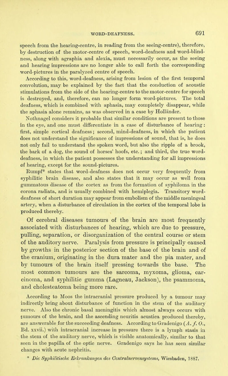 speech from the hearing-centre, in reading from the seeing-centre), therefore, by destruction of the motor-centre of speech, word-deafness and word-bUnd- ness, along with agraphia and alexia, must necessarily occur, as the seeing and hearing impressions are no longer able to call forth the corresponding word-pictures in the paralyzed centre of speech. According to this, word-deafness, arising from lesion of the first temporal convolution, may be explained by the fact that the conduction of acoustic stimulations from the side of the hearing-centre to the motor-centre for speech is destroyed, and, therefore, can no longer form word-pictures. The total deafness, which is combined with aphasia, may completely disappear, while the aphasia alone remains, as was observed in a case by Hollander. Nothnagel considers it probable that similar conditions are present to those in the eye, and one must differentiate in a case of disturbance of hearing: first, simple cortical deafness; second, mind-deafness, in which the patient does not understand the significance of impressions of sound, that is, he does not only fail to understand the spoken word, but also the ripple of a brook, the bark of a dog, the sound of horses' hoofs, etc.; and third, the true word- deafness, in which the patient possesses the understanding for all impressions of hearing, except for the sound-pictures. Eumpf* states that word-deafness does not occur very frequently from syphilitic brain disease, and also states that it may occur as well from gummatous disease of the cortex as from the formation of syphiloma in the corona radiata, and is usually combined with hemiplegia. Transitory word- deafness of short duration may appear from embolism of the middle meningeal artery, when a disturbance of circulation in the cortex of the temporal lobe is produced thereby. Of cerebral diseases tumours of the brain are most frequently associated with disturbances of hearing, which are due to pressure, pulling, separation, or disorganization of the central course or stem of the auditory nerve. Paralysis from pressure is principally caused by growths in the posterior section of the base of the brain and of the cranium, originating in the dura mater and the pia mater, and by tumours of the brain itself pressing towards the base. The most common tumours are the sarcoma, myxoma, glioma, car- cinoma, and syphilitic gumma (Lagneau, Jackson), the psammoma, and cholesteatoma being more rare. According to Moos the intracranial pressure produced by a tumour may indirectly bring about disturbance of function in the stem of the auditory' nerve. Also the chronic basal meningitis which almost always occurs with tumoiurs of the brain, and the ascending neuritis acustica produced thereby, are answerable for the succeeding deafness. According to Gradenigo {A. f. 0., Bd. xxvii.) with intracranial increase in pressure there is a lymph stasis in the stem of the auditory nerve, which is visible anatomically, similar to that seen in the papilla of the optic nerve. Gradenigo says he has seen similar changes with acute nephritis. * Die Syphilitische Erkrankunjen des Gentralnervensystems, Wiesbaden, ] 887.