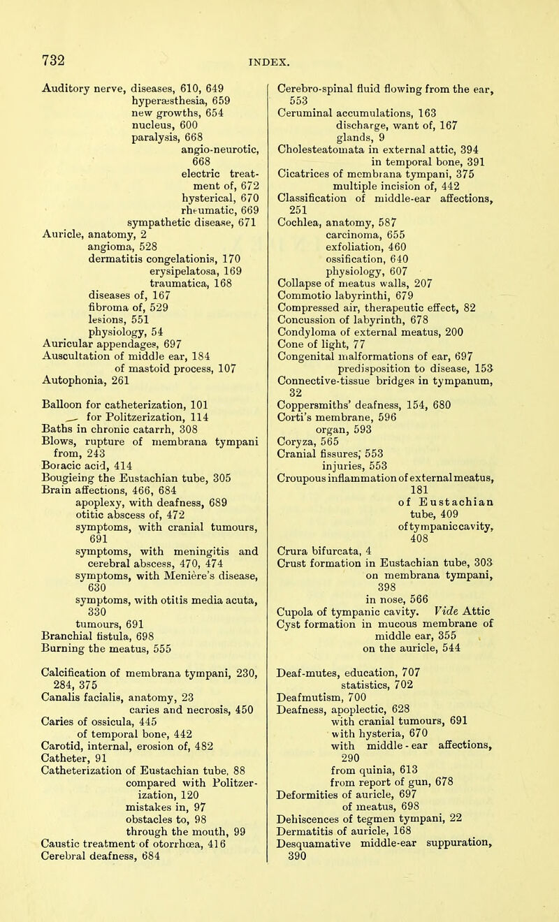 Auditory nerve, diseases, 610, 649 hyperasthesia, 659 new growths, 654 nucleus, 600 paralysis, 668 angio-neurotic, 668 electric treat- ment of, 672 hysterical, 670 rht-umatic, 669 sympathetic disease, 671 Auricle, anatomy, 2 angioma, 528 dermatitis congelationis, 170 erysipelatosa, 169 traumatica, 168 diseases of, 167 fibroma of, 529 lesions, 551 physiology, 54 Auricular appendages, 697 Auscultation of middle ear, 184 of mastoid process, 107 Autophonia, 261 Balloon for catheterization, 101 for Politzerization, 114 Baths in chronic catarrh, 308 Blows, rupture of membrana tympani from, 243 Boracic acid, 414 Bougieing the Eustachian tube, 305 Brain affections, 466, 684 apoplexy, with deafness, 689 otitic abscess of, 472 symptoms, with cranial tumours, 691 symptoms, with meningitis and cerebral abscess, 470, 474 symptoms, with Meniere's disease, 630 symptoms, with otitis media acuta, 330 tumours, 691 Branchial fistula, 698 Burning the meatus, 555 Calcification of membrana tympani, 230, 284, 375 Canalis facialis, anatomy, 23 caries and necrosis, 450 Caries of ossicula, 445 of temporal bone, 442 Carotid, internal, erosion of, 482 Catheter, 91 Catheterization of Eustachian tube, 88 compared with Politzer- ization, 120 mistakes in, 97 obstacles to, 98 through the mouth, 99 Caustic treatment of otorrhoea, 416 Cerebral deafness, 684 Cerebro-spinal fluid flowing from the ear, 553 Ceruminal accumulations, 163 discharge, want of, 167 glands, 9 Cholesteatomata in external attic, 394 in temporal bone, 391 Cicatrices of membrana tympani, 375 multiple incision of, 442 Classification of middle-ear affections, 251 Cochlea, anatomy, 587 carcinoma, 655 exfoliation, 460 ossification, 640 physiology, 607 Collapse of meatus walls, 207 Commotio labyrinthi, 679 Compressed air, therapeutic effect, 82 Concussion of labyrinth, 678 Condyloma of external meatus, 200 Cone of light, 77 Congenital malformations of ear, 697 predisposition to disease, 153 Connective-tissue bridges in tympanum, 32 Coppersmiths' deafness, 154, 680 Corti's membrane, 596 organ, 593 Coryza, 565 Cranial fissures,' 553 injuries, 553 Croupous inflammation of externalmeatus, 181 of Eustachian tube, 409 of ty mpanic cavity, 408 Crura bifurcata, 4 Crust formation in Eustachian tube, 303 on membrana tympani, 398 in nose, 566 Cupola of tympanic cavity. Vide Attic Cyst formation in mucous membrane of middle ear, 355 on the auricle, 544 Deaf-mutes, education, 707 statistics, 702 Deafmutism, 700 Deafness, apoplectic, 628 with cranial tumours, 691 with hysteria, 670 with middle - ear affections, 290 from quinia, 613 from report of gun, 678 Deformities of auricle, 697 of meatus, 698 Dehiscences of tegmen tympani, 22 Dermatitis of auricle, 168 Desquamative middle-ear suppuration, 390