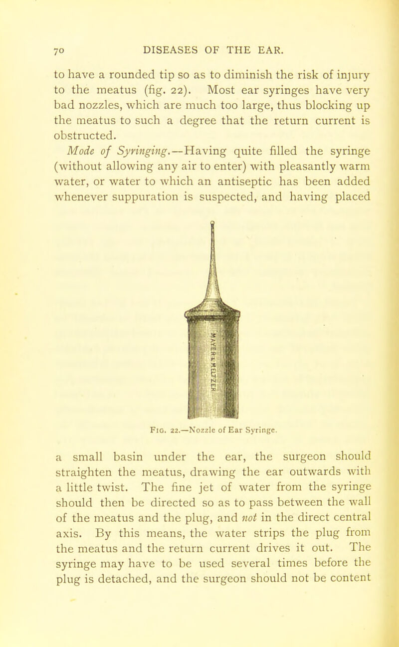 7° to have a rounded tip so as to diminish the risk of injury to the meatus (fig. 22). Most ear syringes have very bad nozzles, which are much too large, thus blocking up the meatus to such a degree that the return current is obstructed. Mode of Syringing.—Having quite filled the syringe (without allowing any air to enter) with pleasantly warm water, or water to which an antiseptic has been added whenever suppuration is suspected, and having placed a small basin under the ear, the surgeon should straighten the meatus, drawing the ear outwards with a little twist. The fine jet of water from the syringe should then be directed so as to pass between the wall of the meatus and the plug, and not in the direct central axis. By this means, the water strips the plug from the meatus and the return current drives it out. The syringe may have to be used several times before the plug is detached, and the surgeon should not be content Fig. 22.—Nozzle of Ear Syringe.