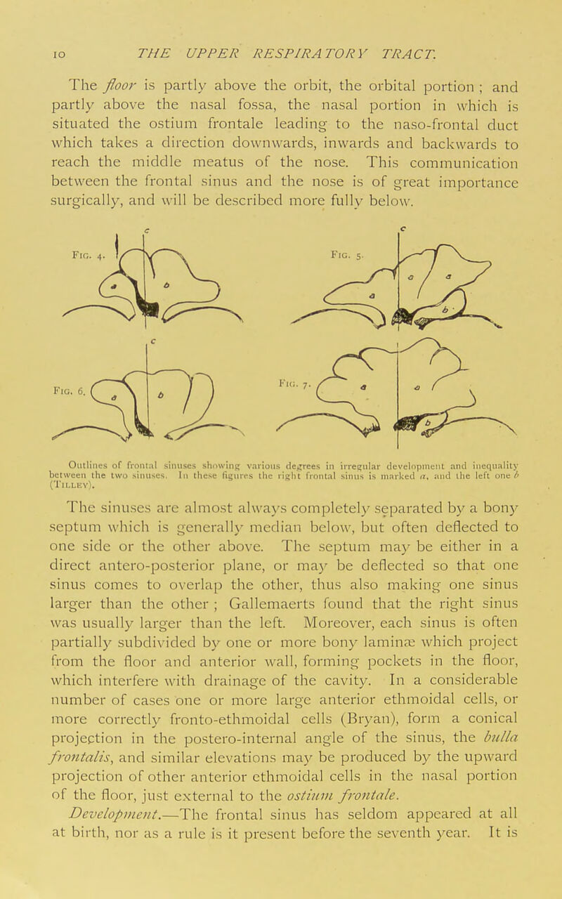 The floor is partly above the orbit, the orbital portion ; and partly above the nasal fossa, the nasal portion in which is situated the ostium frontale leading to the naso-frontal duct which takes a direction downwards, inwards and backwards to reach the middle meatus of the nose. This communication between the frontal sinus and the nose is of great importance surgically, and will be described more fully below. Outlines of firmtal sinuses shmvinp; v.nrious decrees in irreciiilar development and inequality between the two .sinuses. In these figures the right Trontal sinus is niarlied a. and the left one/' (TiLLEv). The sinuses are almost ahvays completely separated by a bonj^ septum which is generally median below, but often deflected to one side or the other above. The septum ma)' be either in a direct antero-posterior plane, or may be deflected so that one sinus comes to overlap the other, thus also making one sinus larger than the other ; Gallemaerts found that the right sinus was usually larger than the left. Moreover, each sinus is often partially subdivided by one or more bony lamina; which project from the floor and anterior wall, forming pockets in the floor, which interfere with drainage of the cavity. In a considerable number of cases one or more large anterior ethmoidal cells, or more correctly fronto-ethmoidal cells (Bryan), form a conical projection in the postero-internal angle of the sinus, the bulla frontalis, and similar elevations may be produced by the upward projection of other anterior ethmoidal cells in the nasal portion of the floor, just external to the ostium frontale. Development.—The frontal sinus has seldom appeared at all at birth, nor as a rule is it present before the seventh year. It is c