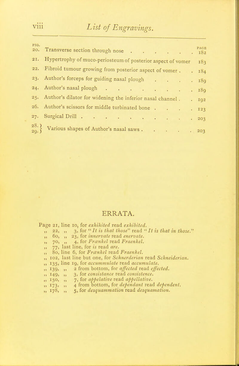 20. Transverse section through nose 21. Hypertrophy of muco-periosteum of posterior aspect of vomer 22. Fibroid tumour growing from posterior aspect of vomer 23. Author's forceps for guiding nasal plough 24. Author's nasal plough 25. Author's dilator for widening the inferior nasal channel 26. Author's scissors for middle turbinated bone . 27. Surgical Drill 29! } shapes of Author's nasal saws PAGE 182 ERRATA. Page 21, line 10, for exhihltcd read exhibited. 22, ,, 3, for  It is that those read  It is that in those. 60, „ 23, for innervate read enervate. 70, „ 4, for Fricnkel read Fraenkel. 77, last line, for is read are. 80, line 6, for Frcenkel read Fraenkel. 102, last line but one, for Schncrderian read Schneiderian, 135, line 19, (oT accummulate read accumulate. 139, ,, 2 from bottom, for affected read effected. 149, ,, 3, for consistance read consistence. 15O1 11 7i for appclative read appellative. 173, „ 4 from bottom, for dependant read dependent.