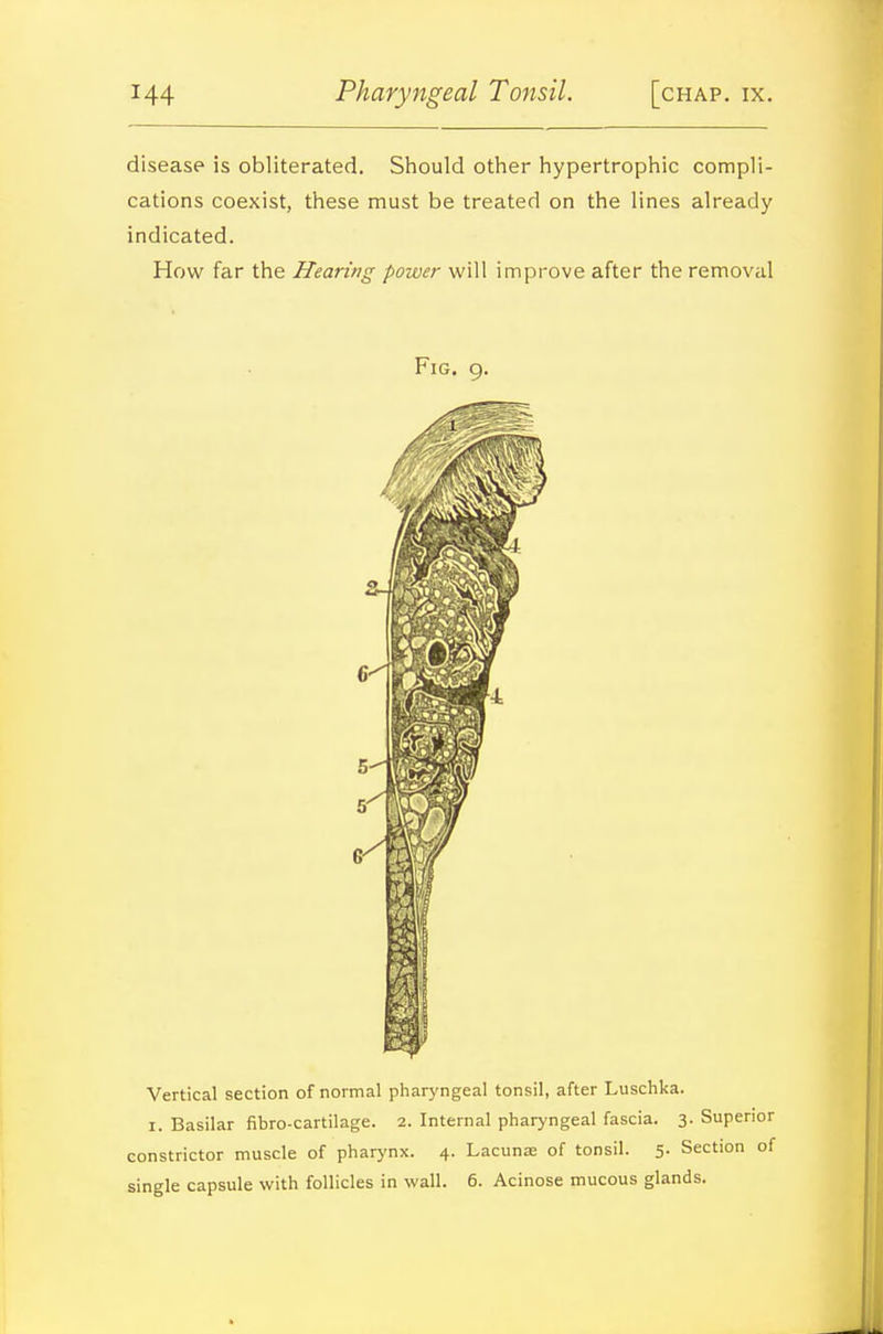 disease is obliterated. Should other hypertrophic compli- cations coexist, these must be treated on the lines already indicated. How far the Hearing power will improve after the removal Fig. 9. Vertical section of normal pharyngeal tonsil, after Luschka. I. Basilar fibro-cartilage. 2. Internal pharyngeal fascia. 3. Superioi constrictor muscle of pharynx. 4. Lacunse of tonsil. 5- Section o: single capsule with follicles in wall. 6. Acinose mucous glands.