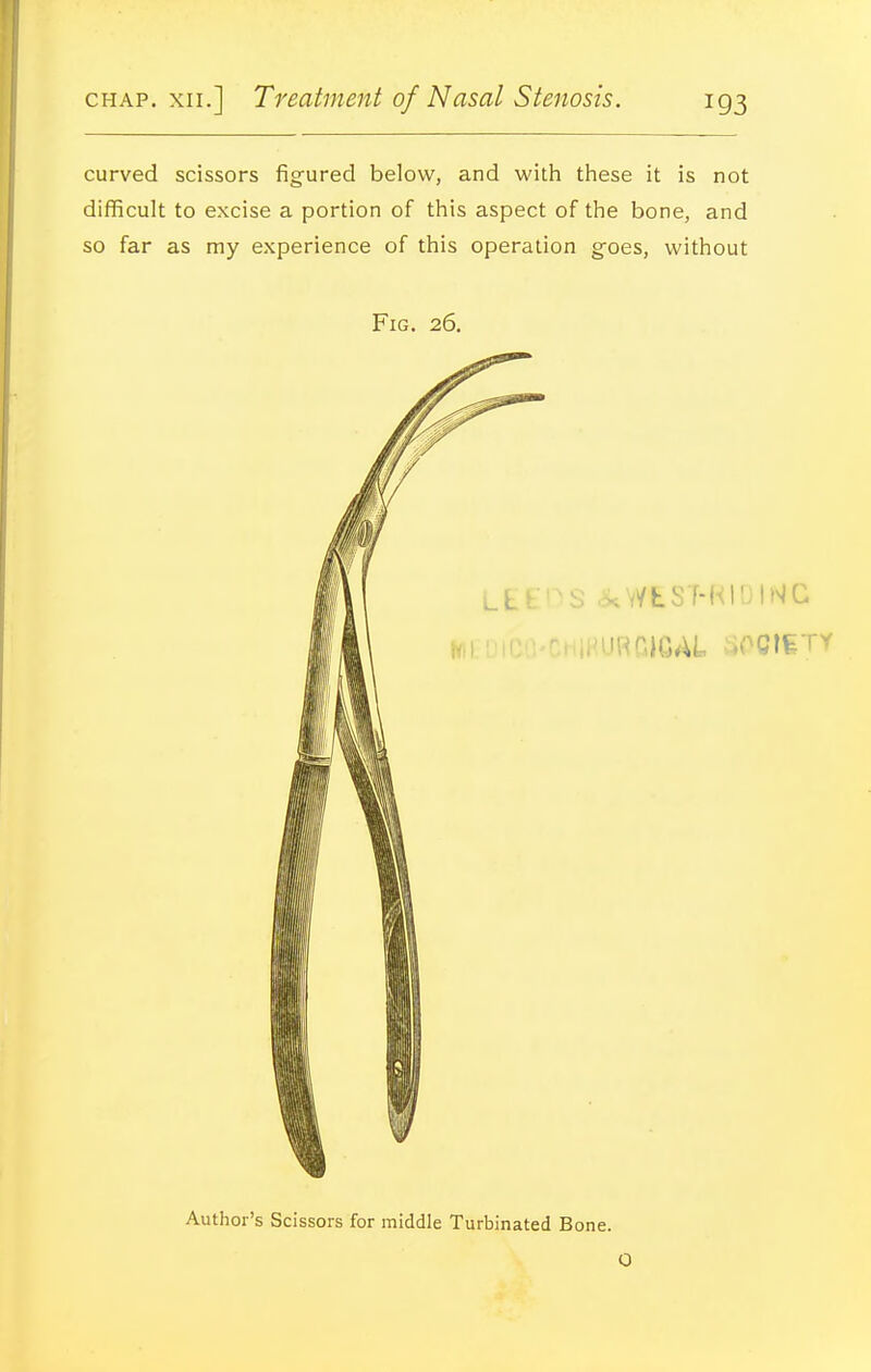 curved scissors figured below, and with these it is not difficult to excise a portion of this aspect of the bone, and so far as my experience of this operation goes, without Fig. 26. Author's Scissors for middle Turbinated Bone. O