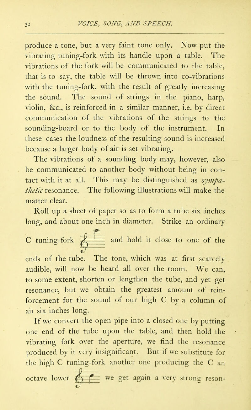 produce a tone, but a very faint tone only. Now put the vibrating tuning-fork with its handle upon a table. The vibrations of the fork will be communicated to the table, that is to say, the table will be thrown into co-vibrations with the tuning-fork, with the result of greatly increasing the sound. The sound of strings in the piano, harp, violin, &c., is reinforced in a similar manner, i.e. by direct communication of the vibrations of the strings to the sounding-board or to the body of the instrument. In these cases the loudness of the resulting sound is increased because a larger body of air is set vibrating. The vibrations of a sounding body may, however, also be communicated to another body without being in con- tact with it at all. This may be distinguished as sympa- thetic resonance. The following illustrations will make the matter clear. Roll up a sheet of paper so as to form a tube six inches long, and about one inch in diameter. Strike an ordinary C tuning-fork ^ ' and hold it close to one of the ends of the tube. The tone, which was at first scarcely audible, will now be heard all over the room. We can, to some extent, shorten or lengthen the tube, and yet get resonance, but we obtain the greatest amount of rein- forcement for the sound of our high C by a column of ail six inches long. If we convert the open pipe into a closed one by putting one end of the tube upon the table, and then hold the vibrating fork over the aperture, we find the resonance produced by it very insignificant. But if we substitute for the high C tuning-fork another one producing the C an octave lower (rh—r— we get again a very strong reson-
