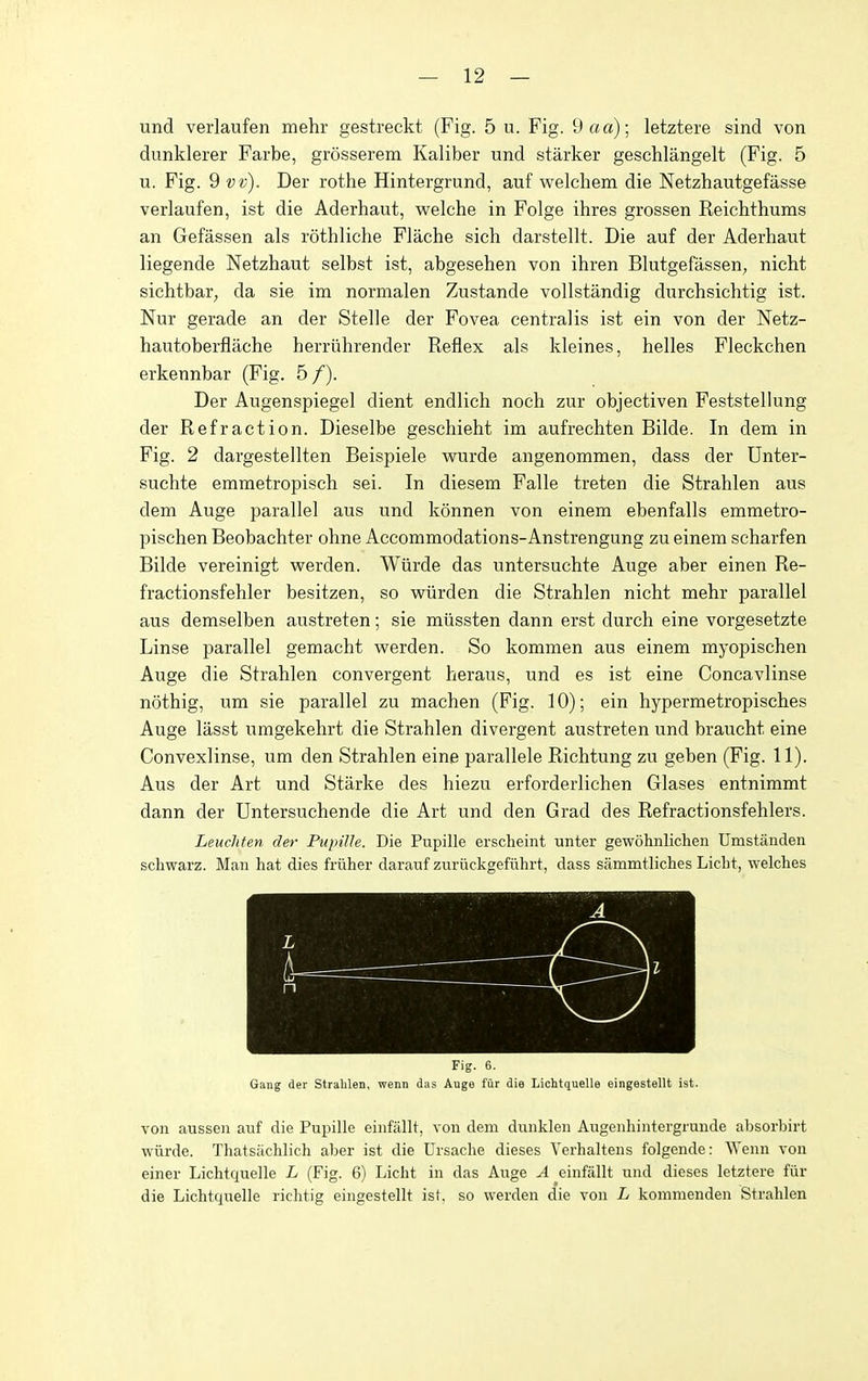 und verlaufen mehr gestreckt (Fig. 5 u. Fig. 9 a a); letztere sind von dunklerer Farbe, grosserem Kaliber und starker geschlangelt (Fig. 5 u. Fig. 9 vv). Der rothe Hintergrund, auf welchem die Netzhautgefasse verlaufen, ist die Aderhaut, v^^elche in Folge ihres grossen Reichthums an Gefassen als rothliche Flache sich darstellt. Die auf der Aderhaut liegende Netzhaut selbst ist, abgesehen von ihren Blutgefassen, nicht sichtbar^ da sie im normalen Zustande vollstandig durchsichtig ist. Nur gerade an der Stelle der Fovea centralis ist ein von der Netz- hautoberflache herriihrender Reflex als kleines, belles Fleckchen erkennbar (Fig. 5 /). Der Augenspiegel dient endlich noch zur objectiven Feststellung der Refraction. Dieselbe geschieht im aufrechten Bilde. In dem in Fig. 2 dargestellten Beispiele w^urde angenommen, dass der Unter- suchte emmetropisch sei. In diesem Falle treten die Strahlen aus dem Auge parallel aus und konnen von einem ebenfalls emmetro- pischen Beobachter ohne Accommodations-Anstrengung zu einem scharfen Bilde vereinigt werden. Wiirde das untersuchte Auge aber einen Re- fractionsfehler besitzen, so vpiirden die Strahlen nicht mehr parallel aus demselben austreten; sie miissten dann erst durch eine vorgesetzte Linse parallel gemacht vperden. So kommen aus einem myopischen Auge die Strahlen convergent heraus, und es ist eine Concavlinse nothig, um sie parallel zu machen (Fig. 10); ein hypermetropisches Auge lasst umgekehrt die Strahlen divergent austreten und braucht eine Convexlinse, um den Strahlen eine parallele Richtung zu geben (Fig. 11). Aus der Art und Starke des hiezu erforderlichen Glases entnimmt dann der Untersuchende die Art und den Grad des Refractionsfehlers. Leuchten der PupiUe. Die Pupille ersclieint unter gewohnlichen Umstanden schwarz. Man hat dies friiher darauf zuriickgefiihrt, dass sammtliclies Liclit, welches Fig. 6. Gang der Strahlen, wenn das Auge fur die Lichtijuelle eingestellt ist. von aussen auf die Pupille einfallt, von dem dunklen Augenhintergiunde absorbirt wiirde. Thatsachlich aber ist die Ursache dieses Verhaltens folgende: Wenn von einer Lichtquelle L (Fig. 6) Licht in das Auge A einfallt und dieses letztere fiir die Lichtquelle richtig eingestellt ist. so werden die von L kommenden Strahlen