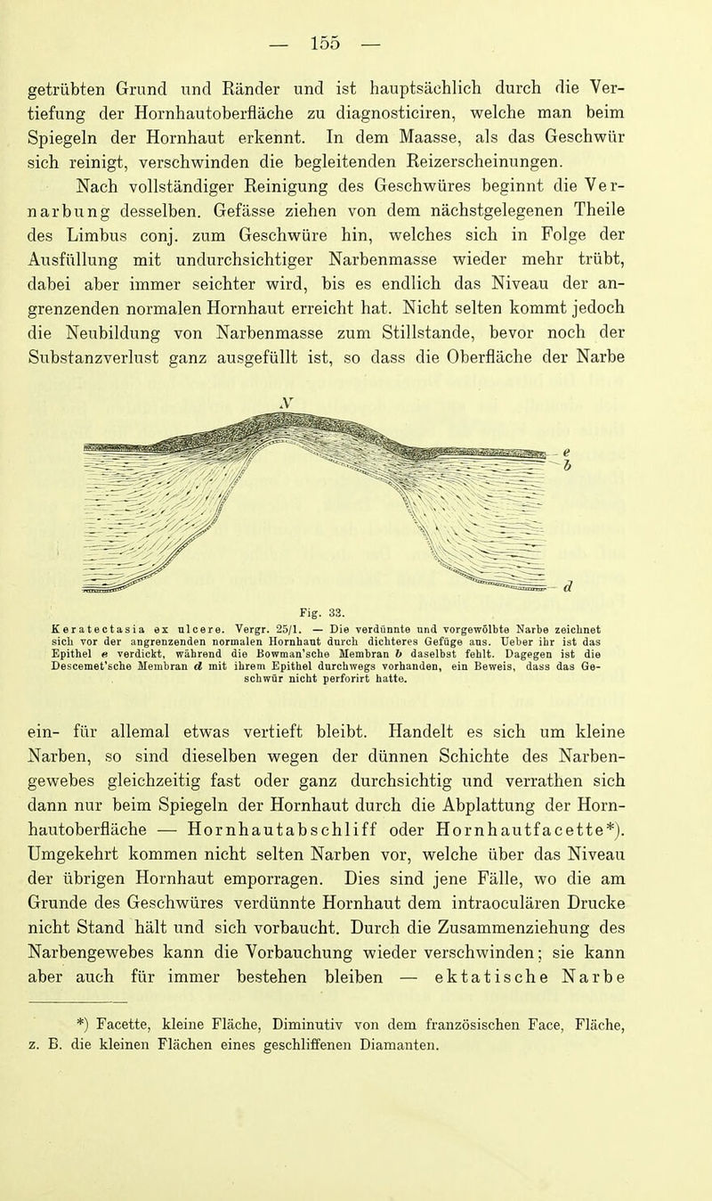 getriibten Grund und Rander und ist hauptsachlich durch die Ver- tiefung der Hornhautoberflache zu diagnosticiren, welche man beim Spiegeln der Hornhaut erkennt. In dem Maasse, als das Geschwiir sich reinigt, verschwinden die begleitenden Reizerscheinungen. Nach vollstandiger Reinigung des Geschwiires beginnt die Ver- narbung desselben. Gefasse ziehen von dem nachstgelegenen Theile des Limbus conj. zum Geschwure bin, welches sich in Folge der AiTsfiillung mit undurchsichtiger Narbenmasse wieder mehr triibt, dabei aber immer seichter wird, bis es endlich das Niveau der an- grenzenden normalen Hornhaut erreicht hat. Nicht selten kommt jedoch die Neubildung von Narbenmasse zum Stillstande, bevor noch der Substanzverlust ganz ausgefiillt ist, so dass die Oberflache der Narbe Fig. 33. Keratectasia ex ulcere. Vergr. 25/1. — Die verdflnnte und vorgewolbte Narbe zeichnet sich Yor der angrenzenden normalen Hornhaut durch dichteres Gefuge ans. TJeber ihr ist das Epithel e verdickt, wahrend die Bowmau'sche Membran b daselbst fehlt. Dagegen ist die Descemet'sche Membran d mit ihrem Epithel durchwegs vorhanden, ein Beweia, dass das Ge- schwflr nicht perforirt hatte. ein- filr allemal etwas vertieft bleibt. Handelt es sich um kleine Narben, so sind dieselben wegen der diinnen Schichte des Narben- gevpebes gleichzeitig fast oder ganz durchsichtig und verrathen sich dann nur beim Spiegeln der Hornhaut durch die Abplattung der Horn- hautoberflache — Hornhautabsehliff oder Hornhautfacette*). Umgekehrt kommen nicht selten Narben vor, welche iiber das Niveau der iibrigen Hornhaut emporragen. Dies sind jene Falle, wo die am Grunde des Geschwiires verdiinnte Hornhaut dem intraocularen Drucke nicht Stand halt und sich vorbaucht. Durch die Zusammenziehung des Narbengewebes kann die Vorbauchung wieder verschwinden; sie kann aber auch fiir immer bestehen bleiben — ektatische Narbe *) Facette, kleine Flache, Diminutiv von dem franzosischen Face, Flache, z. B. die kleinen Flachen eines geschliffenen Diamanten.