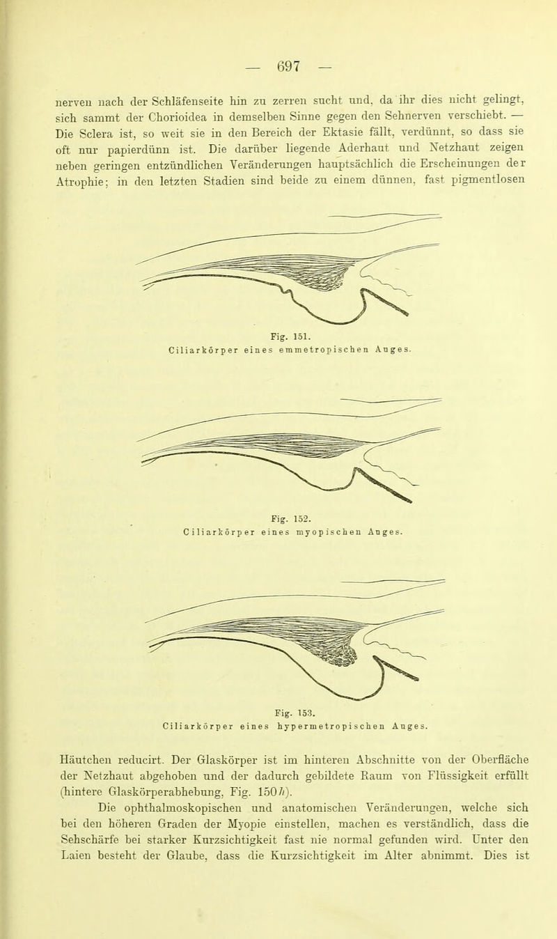 nerveu nach der Schlafenseite hin zu zerren sucht und. da ilir dies nicht gelingt, sich sammt der Chorioidea in demselben Sinne gegen den Sehnerven verschiebt. — Die Sclera ist, so weit sie in den Bereich der Ektasie fallt, verdiinnt, so dass sie oft nur papierdilnn ist. Die dariiber liegende Aderhaut und Netzhant zeigen neben geringen entziindlichen Veranderungen hauptsachlich die Erscheinuugen der Atrophie; in den letzten Stadien sind beide zn einem diinnen, fast pigmentlosen Fig. 151. Ciliarkorper eines emmetrop ische n Anges. Fig. 152. Ciliarkorper eines myopischen Anges. Fig. 153. Ciliarkorper eines hypermetropischen Anges. Hiiutchen reducirt. Der Glaskorper ist im hintereu Abschnitte von der Oberflache der Ketzhaut abgehoben und der dadurch gebildete Raum von Fliissigkeit erfullt (hintere Glaskorperabhebung. Fig. 150/*). Die ophthalmoskopischen und anatomischen Veranderungen, welche sich bei den hoheren Graden der Mjopie einstellen, machen es Yerstandlich, dass die Sehscharfe bei starker Kurzsichtigkeit fast nie normal gefunden wird. Unter den Laien bestelit der Glaube, dass die Kurzsichtigkeit ini Alter abnimmt. Dies ist