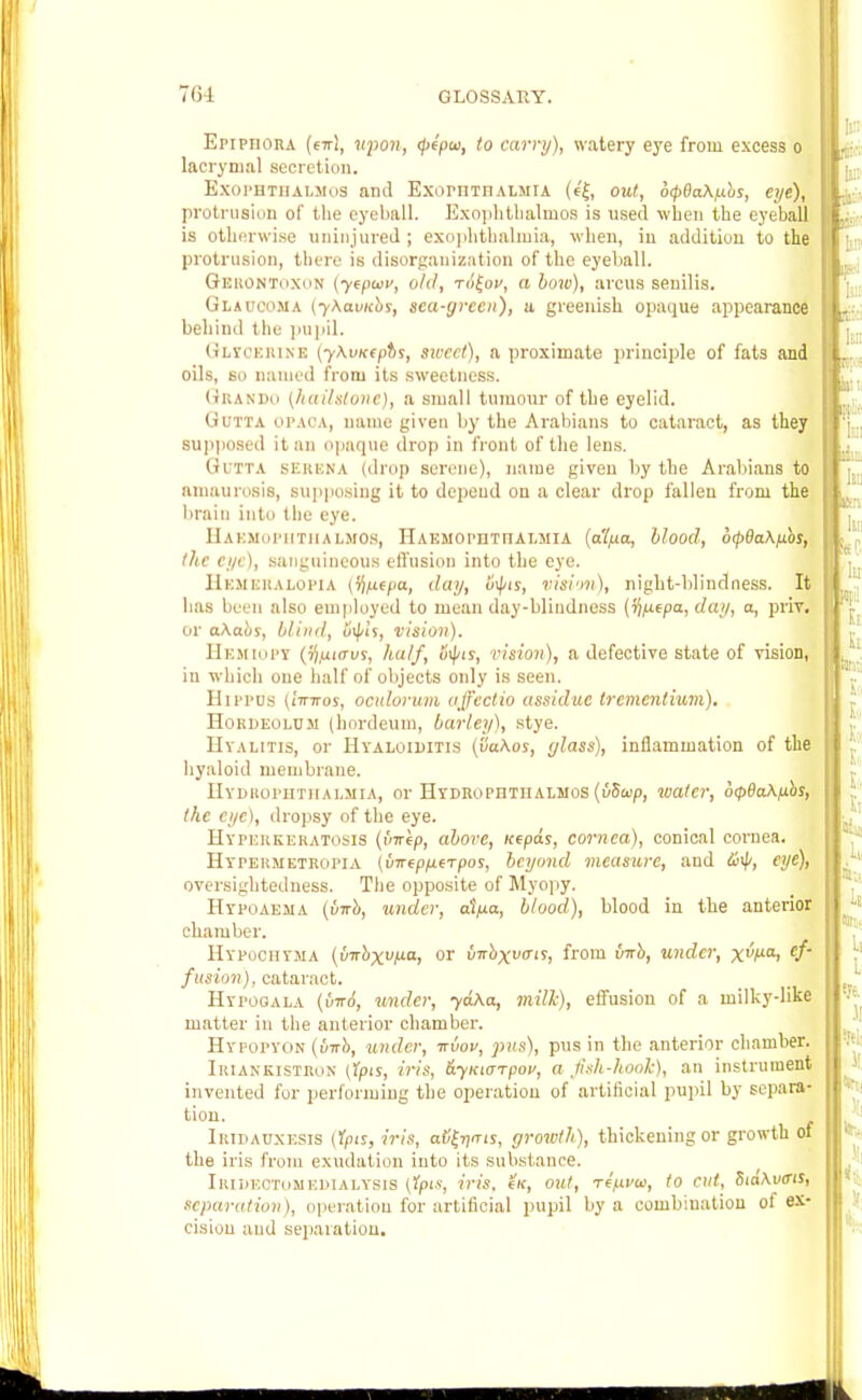 Epiphora (e7rl, upon, <i>epa>, to carry), watery eye from excess o laerymal secretion. Exophthalmos and ExopnTnalmia (e'|, out, o<t>0a\fibs, eye), protrusion of the eyeball. Exophthalmos is used when the eyeball is otherwise uninjured ; exophthalmia, when, in addition to the protrusion, there is disorganization of the eyeball. Geuontuxon (yepuv, old, to^ov, a bow), arcus seuilis. Glaucoma (y\avicbs, sea-green), a greenish opaque appearance behind the pupil. Glycerine (y\vK(jfi>s, sunt), a proximate principle of fats and oils, so named from its sweetness. Grando [hailstone), a small tumour of the eyelid. Gutta opaca, name given by the Arabians to cataract, as they supposed it an opaque drop in front of the lens. GuiTA bEREHA (drop serene), name given by the Arabians to amaurosis, supposing it to depend on a clear drop fallen from the brain into the eye. HaEMOI'HTIIALMOS, HAEMOPHTnALMIA (alfJ-a, Hood, otpdaKp-bs, the eye), sanguineous effusion into the eye. Hemeralopia (^fiepa, day, fyis, vision), night-blindness. It has been also employed to mean day-blindness (ijjuepa, day, a, priv. or aAaos, blind, ov|/is, vision). Hkmiopy (Vifiicrvs, half, i'lfis, vision), a defective state of vision, in which one half of objects only is seen. Hippos [imros, oculorwm affectio assidue trcmcnlium). Hordeolum (hordeum, barley), stye. Hyalitis, or H\aloiditis (va\os, glass), inflammation of the hyaloid membrane. Hyduoi'iithalmia, or Hydrophtiialmos (oSwp, water, 6(p8a\p.bs, the eye), dropsy of the eye. Hyperkeratosis (iwip, abore, icepds, cornea), conical cornea. Hypekmetropia (6irepfj.eTpos, beyond measure, and eye), oversightedness. The opposite of Myopy. Hypoaema (vvb, under, at/to., blood), blood in the anterior chamber. Hypochyma (y7r&xuia! or {mbxvais, from (mb, under, x>Vai c/' fusion), cataract. Hypooala (iv6, under, yaKa, milk), effusion of a milky-like matter in the anterior chamber. Hypopyon (uirb, under, niov, pus), pus in the anterior chamber. Iiuankistron (tpts, iris, &yKi<TTpov, a jish-hook), an instrument invented for performing the operation of artificial pupil by separa- tion. Iridauxesis (fyu, iris, atffTjTis, growth), thickening or growth of the iris from exudation into its substance. Ikidkctomeimalysis (Ypis, iris, (k, out, rcpi'in, to cut, 5ia\v<ris, separation), operation for artificial pupil by a combination oi ex- cision and separation.