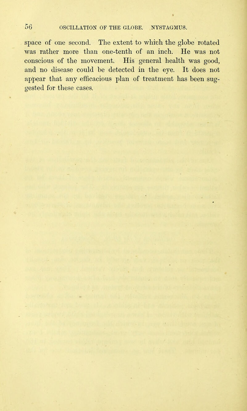 space of one second. The extent to which the globe rotated was rather more than one-tenth of an inch. He was not conscious of the movement. His general health was good, and no disease could he detected in the eye. It does not appear that any efficacious plan of treatment has been sug- gested for these cases.