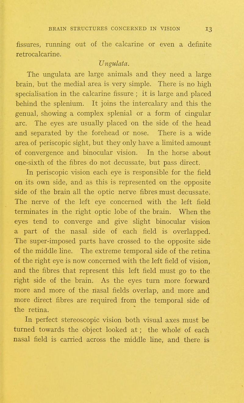 fissures, running out of the calcarine or even a definite retrocalcarine. Ungulata. The ungulata are large animals and they need a large brain, but the medial area is very simple. There is no high speciaHsation in the calcarine fissure ; it is large and placed behind the splenium. It joins the intercalary and this the genual, showing a complex splenial or a form of cingular arc. The eyes are usually placed on the side of the head and separated by the forehead or nose. There is a wide area of periscopic sight, but they only have a Hmited amount of convergence and binocular vision. In the horse about one-sixth of the fibres do not decussate, but pass direct. In periscopic vision each eye is responsible for the field on its own side, and as this is represented on the opposite side of the brain all the optic nerve fibres must decussate. The nerve of the left eye concerned with the left field terminates in the right optic lobe of the brain. When the eyes tend to converge and give slight binocular vision a part of the nasal side of each field is overlapped. The super-imposed parts have crossed to the opposite side of the middle fine. The extreme temporal side of the retina of the right eye is now concerned with the left field of vision, and the fibres that represent this left field must go to the right side of the brain. As the eyes turn more forward more and more of the nasal fields overlap, and more and more direct fibres are required from the temporal side of the retina. In perfect stereoscopic vision both visual axes must be turned towards the object looked at; the whole of each nasal field is carried across the middle fine, and there is