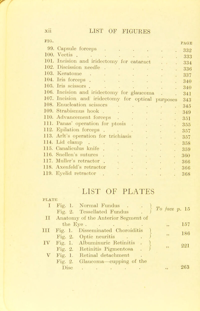 99. Capsule forceps • . . . . 332 100. Vectis ....... 333 101. Incision and ii-idectomy for cataract . . 334 102. Di.scission needle ...... 33(3 103. Kcratonie 337 104. Iris forceps ....... 349 105. Iris scissors . 340 106. Incision and iridectomy for glaucoma . . 341 107. Incision and iridectomy for optical purposes 343 108. Enucleation scissors ..... 345 109. Strabismus hook . ..... 349 110. Advancement force]3S ..... 351 111. Panas' operation for ptosis .... 355 112. Epilation forceps ...... 357 113. Arlfs operation for trichiasis . . . 357 114. Lid clamp . ...... 358 115. Canaliculus knife ...... 359 116. Snellen's sutures ...... 360 117. Mnller's retractor . . . . . . 366 118. Axenfeld s retractor ..... 366 119. E.velid retractor ...... 368 LIST OF PLATES PLATE I Fig. 1. Normal Fundus . . \ Fig. 2. Tessellated Fundus . \ ^° II Anatomy of the Anterior Segment of the Eye „ 157 III Fig. 1. Disseminated Choroiditis Fig. 2. Optic neuritis IV Fig. 1. Albumimvric Retinitis . Fig. 2. Retinitis Pigmentosa V Fig. 1. Retinal detachment Fig. 2. Glaucoma—cupping of the Disc .,263 186 221