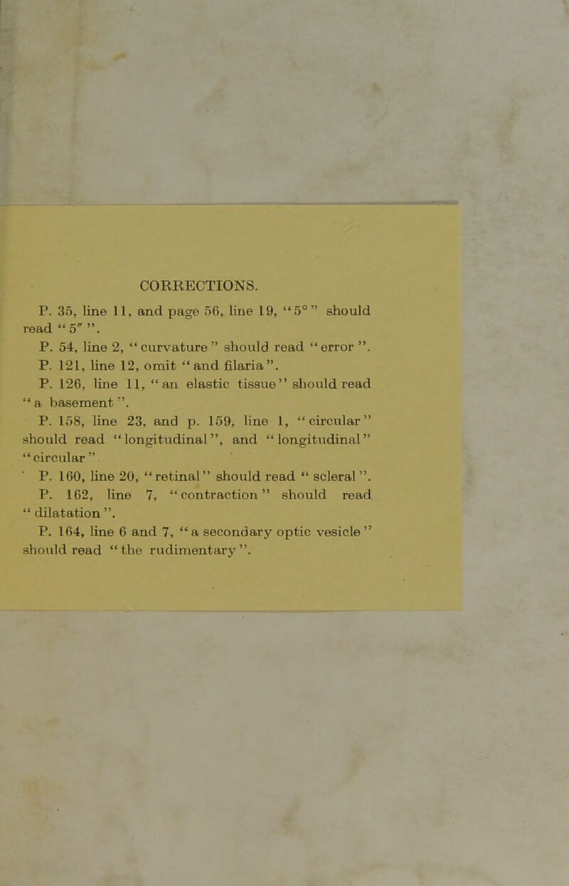 CORRECTIONS. P. 35, line 11, and page 56, line 19, 5° should read 5 . P. 54, line 2,  curvature  should read error . P. 121, line 12, omit and 61aria. P. 126, line 11, an elastic tissue should read  a basement P. 158, line 23, and p. 159, line 1, circular should read  longitudinal, and  longitudinal circular • P. 160, line 20, retinal should read  scleral. P. 162, line 7, contraction should read  dilatation . P. 164, line 6 and 7,  a secondary optic vesicle  should read  the rudimentary