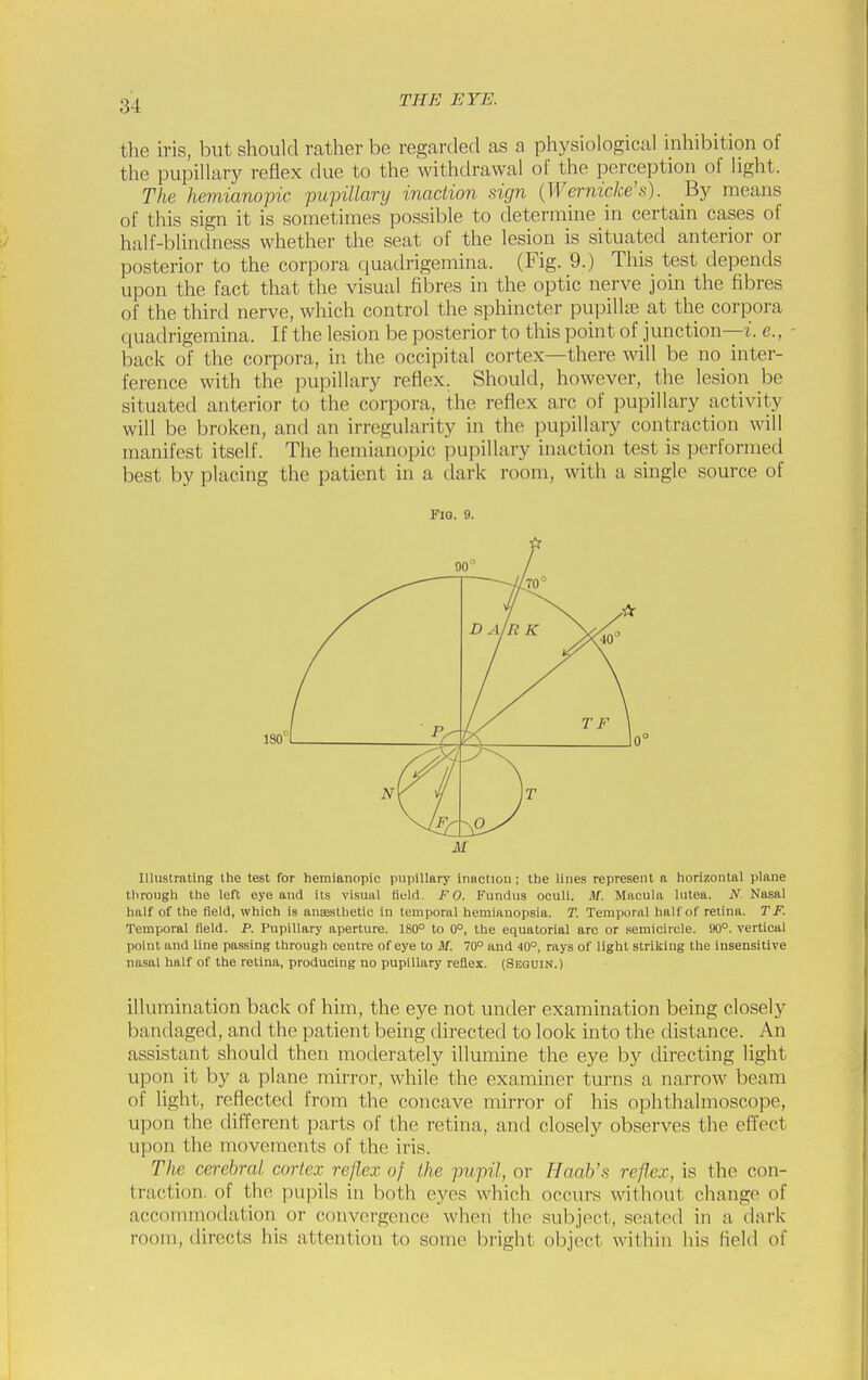 the iris, but should rather be regarded as a physiological inhibition of the pupillary reflex due to the withdrawal of the perception of light. The hemianopic pupillary inaction sign {Weryiicke's). By means of this sign it is sometimes possible to determine in certain cases of half-blindness whether the seat of the lesion is situated anterior or posterior to the corpora quadrigemina. (Fig. 9.) This test depends upon the fact that the visual fibres in the optic nerve join the fibres of the third nerve, which control the sphincter pupillse at the corpora quadrigemina. If the lesion be posterior to this point of junction—e., back of the corpora, in the occipital cortex—there will be no inter- ference with the pupillary reflex. Should, however, the lesion be situated anterior to the corpora, the reflex arc of pupillary activity will be broken, and an irregularity in the pupillary contraction will manifest itself. The hemianopic pupillary inaction test is performed best by placing the patient in a dark room, with a single source of Illustrating the test for hemianopic pupillary inaction ; the lines represent a horizontal plane through the left eye and its visual fluid. F 0. Fundus oculi. M. Macula lutea. N. Nasal half of the field, which is ansesthetic in temporal hemianopsia. T. Temporal half of retina. TF. Temporal field. P. Pupillary aperture. 180° to 0°, the equatorial arc or semicircle. 90°. vertical point and line passing through centre of eye to M. 70° and 40°, rays of light striking the insensitive nasal half of the retina, producing no pupillary reflex. (Sequin.) illumination back of him, the eye not under examination being closely bandaged, and the patient being directed to look into the distance. An assistant should then moderately illumine the eye by directing light upon it by a plane mirror, while the examiner turns a narrow beam of light, reflected from the concave mirror of his ophthalmoscope, upon the different parts of the retina, and closely observes the eflfect upon the movements of the iris. The cerebral cortex reflex of the pupil, or Haab's reflex, is the con- traction, of the pupils in both eyes which occurs without change of accommodation or convergence when the subject, seated in a dark room, directs his attention to some bright object within his field of Fig. 9. 0° M