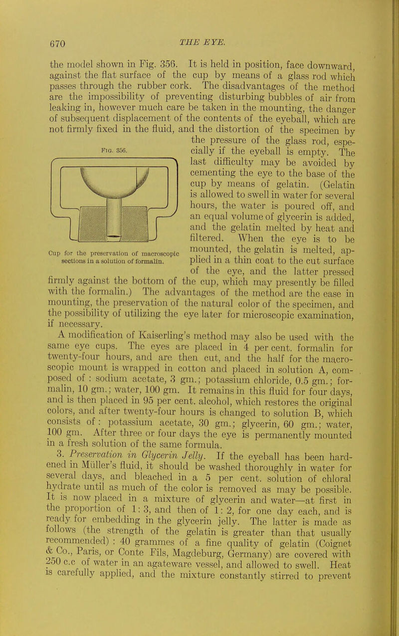 the model shown in Fig. 356. It is held in position, face downward against the flat surface of the cup by means of a glass rod which passes through the rubber cork. The disadvantages of the method are the impossibility of preventing disturbing bubbles of air from leaking in, however much care be taken in the mounting, the danger of subsequent displacement of the contents of the eyeball, which are not firmly fixed in the fluid, and the distortion of the specimen by the pressure of the glass rod, espe- cially if the eyeball is empty. The last difficulty may be avoided by cementmg the eye to the base of the cup by means of gelatin. (Gelatin is allowed to swell in water for several hours, the water is poured off, and an equal volume of glycerin is added, and the gelatin melted by heat and filtered. When the eye is to be mounted, the gelatin is melted, ap- plied in a thin coat to the cut surface of the eye, and the latter pressed firmly against the bottom of the cup, which may presently be filled with the formalin.) The advantages of the method are the ease in mounting, the preservation of the natural color of the specimen, and the possibility of utilizing the eye later for microscopic examination, if necessary. A mocUfication of Kaiserling's method may also be used with the same eye cups. The eyes are placed in 4 percent, formalin for twenty-four hours, and are then cut, and the half for the macro- scopic mount is wrapped in cotton and placed in solution A, com- posed of : sodium acetate, 3 gm.; potassium chloride, 0.5 gm.; for- malin, 10 gm.; water, 100 gm. It remains in this fluid for four days, and is then placed in 95 per cent, alcohol, which restores the original colors, and after twenty-four hours is changed to solution B, which consists of: potassium acetate, 30 gm.; glycerin, 60 gm.; water, 100 gm. After three or four days the eye is permanently mounted m a fresh solution of the same formula. 3. Preservation in Glycerin Jelly. If the eyeball has been hard- ened m Muller's fluid, it should be washed thoroughly in water for several days, and bleached in a 5 per cent, solution of chloral hydrate mitil as much of the color is removed as may be possible. It is now placed in a mixture of glycerin and water—at first in the proportion of 1:3, and then of 1:2, for one day each, and is ready for embeddmg m the glycerin jelly. The latter is made as follows (the strength of the gelatm is greater than that usually recommended) : 40 grammes of a fine quality of gelatin (Coignet & Co., Pans, or Conte Fils, Magdeburg, Germany) are covered with 2o0 c.c of water in an agateware vessel, and allowed to swell. Heat is carefully applied, and the mixture constantly stirred to prevent