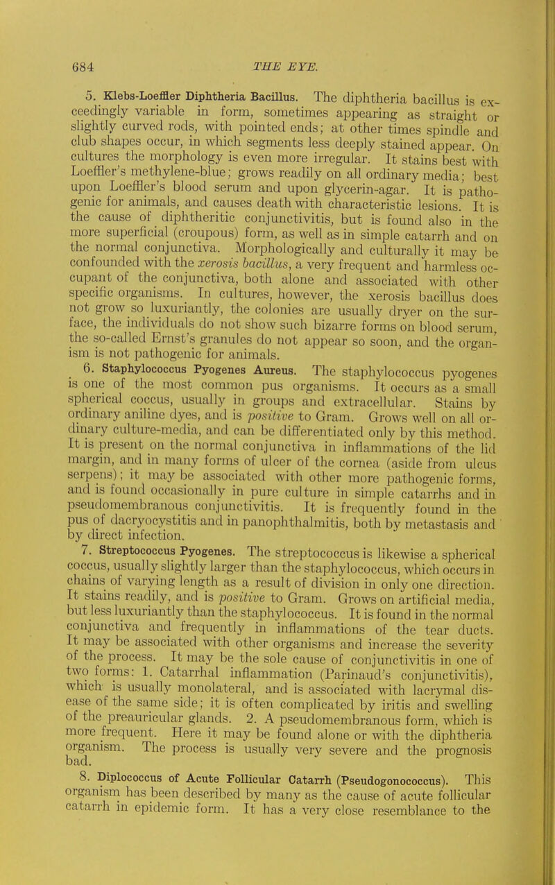 5. Klebs-Loeffler Diphtheria Bacillus. The diphtheria bacillus is ex- ceedingly variable in form, sometimes appearing as straight or slightly curved rods, with pointed ends; at other times spindle and club shapes occur, in which segments less deeply stained appear. On cultures the morphology is even more irregular. It stams best with Loeffier's methylene-blue; grows readily on all ordinary media; best upon Loeffier's blood serum and upon glycerin-agar. It is patho- genic for animals, and causes death with characteristic lesions. It is the cause of diphtheritic conjunctivitis, but is found also in the more superficial (croupous) form, as well as m simple catarrh and on the normal conjunctiva. Morphologically and culturally it may be confounded with the xerosis bacillus, a very frequent and harmless oc- cupant of the conjunctiva, both alone and associated with other specific organisms. In cultures, however, the xerosis bacillus does not grow so luxuriantly, the colonies are usually dryer on the sur- face, the individuals do not show such bizarre forms on blood serum, the so-called Ernst's granules do not appear so soon, and the organ- ism is not pathogenic for animals. 6. Staphylococcus Pyogenes Aureus. The staphylococcus pyogenes IS one of the most common pus organisms. It occurs as a small spherical coccus, usually in groups and extracellular. Stains by ordinary aniline dyes, and is 'positive to Gram. Grows well on all or- dniary culture-media, and can be differentiated only by this method. It IS present on the normal conjunctiva in inflammations of the lid margin, and in many forms of ulcer of the cornea (aside from ulcus serpens); it may be associated with other more pathogenic forms, and is found occasionally in pure culture in simple catarrhs and in pseudomembranous conjunctivitis. It is frequently found in the pus of dacryocystitis and in panophthalmitis, both by metastasis and by direct infection. 7. Streptococcus Pyogenes. The streptococcus is likewise a spherical coccus, usually slightly larger than the staphylococcus, which occurs in chains of varying length as a result of division in only one direction. It stains readily, and is positive to Gram. Grows on artificial media, but less luxuriantly than the staphylococcus. It is found in the normal conjunctiva and frequently in inflammations of the tear ducts. It may be associated with other organisms and increase the severity of the process. It may be the sole cause of conjunctivitis in one of two forms: 1. Catarrhal inflammation (Parinaud's conjunctivitis), which is usually monolateral, and is associated with lacrymal dis- ease of the same side; it is often complicated by iritis and swelling of the preauricular glands. 2. A pseudomembranous form, which is more frequent. Here it may be found alone or with the diphtheria organism. The process is usually very severe and the prognosis bad. 8. Diplococcus of Acute Follicular Catarrh (Pseudogonococcus). This organism has been described by many as the cause of acute follicular catarrh in epidemic form. It has a very close resemblance to the