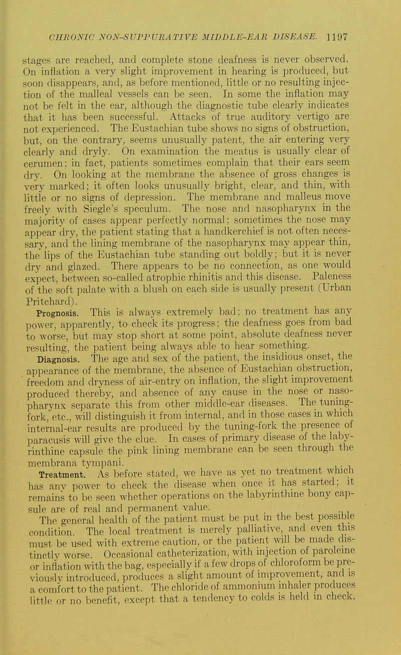 stages arc reached, and complete stone deafness is never observed. On inflation a very slight improvement in hearing is produced, but soon disappears, and, as before mentioned, little or no resulting injec- tion of the malleal vessels can be seen. In some the inflation may not be felt in the ear, although the diagnostic tube clearly indicates that it has been successful. Attacks of true auditory vertigo are not experienced. The Eustachian tube shows no signs of obstruction, but, on the contrary, seems unusually patent, the air entering very clearly and dryly. On examination the meatus is usually clear of cerumen; in fact, patients sometimes complain that their ears seem dry. On looking at the membrane the absence of gross changes is very marked; it often looks unusually bright, clear, and thin, with little or no signs of depression. The membrane and malleus move freely with Siegle's speculum. The nose and nasopharynx in the majority of cases appear perfectly normal; sometimes the nose may appear dry, the patient stating that a handkerchief is not often neces- sary, and the lining membrane of the nasopharynx may appear thin, the lips of the Eustachian tube standing out boldly; but it is never dry and glazed. There appears to be no connection, as one would expect, between so-called atrophic rhinitis and this disease. Paleness of the soft palate with a blush on each side is usually present (Urban Pritchard). Prognosis. This is always extremely bad; no treatment has any power, apparently, to check its progress; the deafness goes from bad to worse, but may stop short at some point, absolute deafness never resulting, the patient being always able to hear something. Diagnosis. The age and sex of the patient, the insidious onset, the appearance of the membrane, the absence of Eustachian obstruction, freedom and dryness of air-entry on inflation, the slight improvement produced thereby, and absence of any cause in the nose or naso- pharynx separate this from other middle-ear diseases. The tuning- fork, etc., will distinguish it from internal, and in those cases in which internal-ear results are produced by the tuning-fork the presence of paracusis will give the clue. In cases of primary disease of the laby- rinthine capsule the pink lining membrane can be seen through the membrana tympani. Treatment. As before stated, we have as yet no treatment which has anv power to check the disease when once it has started; it remains to be seen whether operations on the labyrinthine bony cap- sule are of real and permanent value. The general health of the patient must be put m the best possible condition. The local treatment is merely palliative, and even this must be used with extreme caution, or the patient will be made dis- tinctly worse. Occasional catheterization, with injection of paroleme or inflation with the bag, especially if a few drops of chloroform be pre- viously introduced, produces a slight amount of improvement, and is a comfort to the patient. The chloride of ammonium inhaler produces little or no benefit, except that a tendency to colds is held m check.