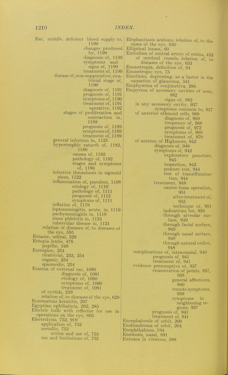 1191 1191 1190 1191 1192 Ear, middle, deficienl blood supply bo, 1199 changes produced by, 1199 diagnosis of, l L99 symptoms and signs of, 1199 treatment of, 1199 disease of, non-suppurative, cica- i ncial .stage of, 1190 diagnosis of, prognosis of, symptoms of treat ment of, operative, stages of proliferation and contraction in, 1188 prognosis of, 1189 symptoms of, 1189 i reatment of, 1189 general infection in, 1125 hypertrophic catarrh of, 1182, L186 causes of, 1182 pathology of, 1182 stapes and symptoms of, 1186 infective thrombosis in sigmoid sinus, 1122 inflammation of, purulent, 1108 etiology of, 1110 pathology of, 1111 prognosis of, 1112 symptoms of, 1111 inflation of, 117!> leptomeningitis, acute, in, 1119 pachymeninghis in, 111!) sinus phlebitis in, W2\ tubercular disease in, 1121 relation of diseases of, to diseases of the eye, 595 Ectasia-, scleral, 328 Ectopia lent is, 178 pupillee, 348 Ectropion, 25 1 cicatricial, 233, 251 organic, 25 I spasmodic, 25 1 Eczema of external ear, 1080 diagnosis of, 1081 etiology of, 1080 symptoms of, 1080 treatment of, 1 OS i of eyelids, 239 - relation of, to diseases of the eve, 629 Eczematous keratitis, 297 Egyptian ophthalmia, 262, 285 Electric bulb with reflector for operations on the eye, 603 Electrolysis, 752, 919' application of, 752 metallic, 753 act ion and use of, 753 use and limitations of, 752 use in nose, 937 Elephantiasis arabum, relation of, to dis- eases of the eye, 630 Elliptical lenses^ 00 Embolism of central artery of retina, 432 of cerebral vessels, relation of. to diseases of the eye, 633 Emmetropia, definition of, 64 Emmetropic eye, 75 Emotions, depressing, as a factor in the causation of glaucoma, 541 Emphysema of conjunctiva, 286 Empyema of accessory cavities of 982 signs of, 982 in any accessory cavity, 937 symptoms common to, of anterior ethmoid cells, 968 diagnosis of, 969 frequency of, 968 prognosis of, 972 symptoms of, 969 treatment, of, 071) of antrum of Highmore, 942 diagnosis of, 9 In symptoms of, 942 exploratory puncl ure, 945 inspection, 942 posture test, 944 test of transillumina- tion, 94 I treatment, 948 canine fossa operation, 951 after-1 real ment of, 955 technique of, 951 indicat ions for, 956 through alveolar sur- face, 949 t hrough facial surface, 949 through nasal surface, 948 through natural orifice, 9 IS complications of, in1 racranial, 940 prognosis of, 941 t real ment of, 94 1 evidence presumptive of, 937 enumeralion of points, 937, 938 general affections, 940 remote symptoms. 939 symptoms in neighboring re- gions, 937 prognosis of, 941 i real ment of, 941 Encephalocele of orbit, 206 Enchondroma of orbit, 204 Enophthalmos, 194 Euostosis, nasal, S91 Entozoa in vitreous, 388