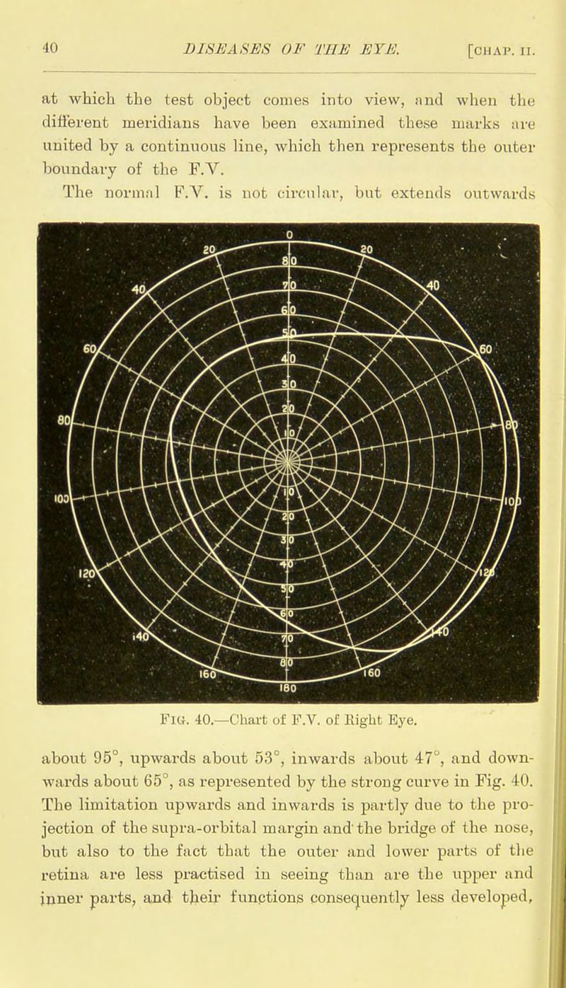 at which the test object comes into view, and when the different meridians have been examined these marks are united by a continuous line, which then represents the outer boundary of the F.V. The normal F.V. is not circular, but extends outwards 180 FlU. -to.—Chart of F.V. of Kight Bye. about 95°, upwards about 53°, inwards about 47°, and down- wards about 65°, as represented by the strong curve in Fig. 40. The limitation upwards and inwards is partly due to the pro- jection of the supra-orbital margin and the bridge of the nose, but also to the fact that the outer and lower parts of tlie retina are less practised in seeing than are the upper and inner parts, and theu funptions consequently less developed,