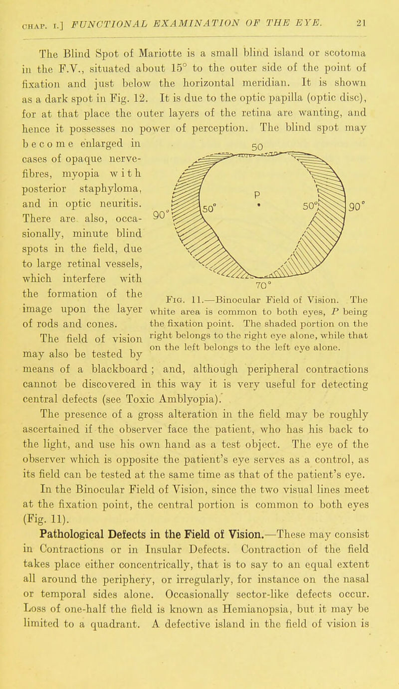 The Blind Spot of Mariotte is a small blind island or scotoma in the F.V., situated about 15° to the outer side of the point of fixation and just below the horizontal meridian. It is shown as a dark spot in Fig. 12. It is due to the optic papilla (optic disc), for at that place the outer layers of the retina are wanting, and hence it possesses no power of perception. The blind spot may become enlarged in cases of opaque nerve- fibres, myopia with posterior staphyloma, and in optic neuritis. There are also, occa- §® sionally, minute blind spots in the field, due to large retinal vessels, which interfere with the formation of the „ Fig. 11.—Binocular Field of Vision. The image upon the layer white area is common to both eyes, P being of rods and cones. the fixation point. The shaded portion on the The field of vision r'Sn^ belongs to the right eye alone, while that , , , . on the left belongs to the left eve alone, may also be tested by means of a blackboard ; and, although peripheral contractions cannot be discovered in this way it is very useful for detecting central defects (see Toxic Amblyopia).' The presence of a gross alteration in the field may be roughly ascertained if the observer face the patient, who has his back to the light, and use his own hand as a test object. The eye of the observer which is opposite the patient's eye serves as a control, as its field can be tested at the same time as that of the patient's eye. In the Binocular Field of Vision, since the two visual lines meet at the fixation point, the central portion is common to both eyes (Fig- 11). Pathological Defects in the Field of Vision.—These may consist in Contractions or in Insular Defects. Contraction of the field takes place either concentrically, that is to say to an equal extent all around the periphery, or irregularly, for instance on the nasal or temporal sides alone. Occasionally sector-like defects occur. Loss of one-half the field is known as Hemianopsia, but it may be limited to a quadrant. A defective island in the field of vision is