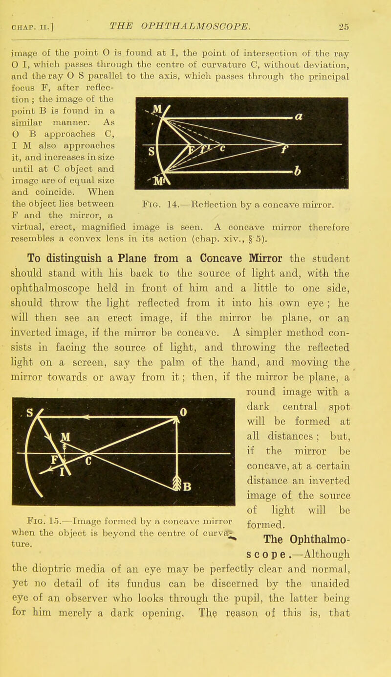 image of the point O is found at I, the point of intersection of the ray 0 I, which passes through the centre of curvature C, without deviation, and the ray 0 S parallel to the axis, which passes through the principal focus F, after reflec- tion ; the image of the point B is found in a similar manner. As 0 B approaches C, 1 M also approaches it, and increases in size until at C object and image are of equal size and coincide. When the object lies between F and the mirror, a virtual, erect, magnified image is seen. A concave mirror therefore resembles a convex lens in its action (chap, xiv., § 5). Fig. 14.—Reflection by a concave mirror. To distinguish a Plane from a Concave Mirror the student should stand with his back to the source of light and, with the ophthalmoscope held in front of him and a little to one side, should throw the light reflected from it into his own eye ; he will then see an erect image, if the mirror be plane, or an inverted image, if the mirror be concave. A simpler method con- sists in facing the source of light, and throwing the reflected light on a screen, say the palm of the hand, and moving the mirror towards or away from it; then, if the mirror be plane, a round image with a dark central spot will be formed at all distances; but, if the mirror be concave, at a certain distance an inverted image of the source of light will be formed. The Ophthalmo- scope .—Although the dioptric media of an eye may be perfectly clear and normal, yet no detail of its fundus can be discerned by the unaided eye of an observer who looks through the pupil, the latter being for him merely a dark opening, The reason of this is, that t 0 Fig. 15.—Image formed by a concave mirror when the object is beyond the centre of curvfl^ ture.