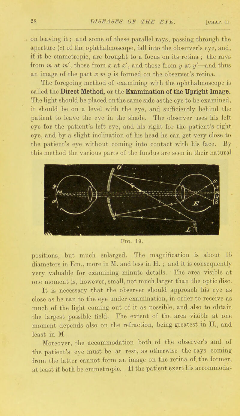 on leaving it; and some of these parallel rays, passing through the aperture (c) of the ophthalmoscope, fall into the observer's eye, and, if it be emmetropic, are brought to a focus on its retina ; the rays from m at m', those from x at x', and those from y at y'—and thus an image of the part x m y is formed on the observer's retina. The foregoing method of examining with the ophthalmoscope is called the Direct Method, or the Examination of the Upright Image. The light should be placed onthe same side as the eye to be examined, it should be on a level with the eye, and sufficiently behind the patient to leave the eye in the shade. The observer uses his left eye for the patient's left eve, and his right for the patient's right eye, and by a slight inclination of his head he can get very close to the patient's eye without coming into contact with his face. By this method the various pai ls of the fundus are seen in their natural Fig. 19. positions, but much enlarged. The magnification is about 15 diameters in Em., more in M. and less in E. ; and it is consequently very valuable for examining minute details. The area visible at one moment is, however, small, not much larger than the optic disc. It is necessary that the observer should approach his eye as close as he can to the eye under examination, in order to receive as much of the light coming out of it as possible, and also to obtain the largest possible field. The extent of the area visible at one moment depends also on the refraction, being greatest in H., and least in M. Moreover, the accommodation both of the observer's and of the patient's eye must be at rest, as otherwise the rays coming from the latter cannot form an image on the retina of the former, at least if both be emmetropic. If the patient exert his accommoda-