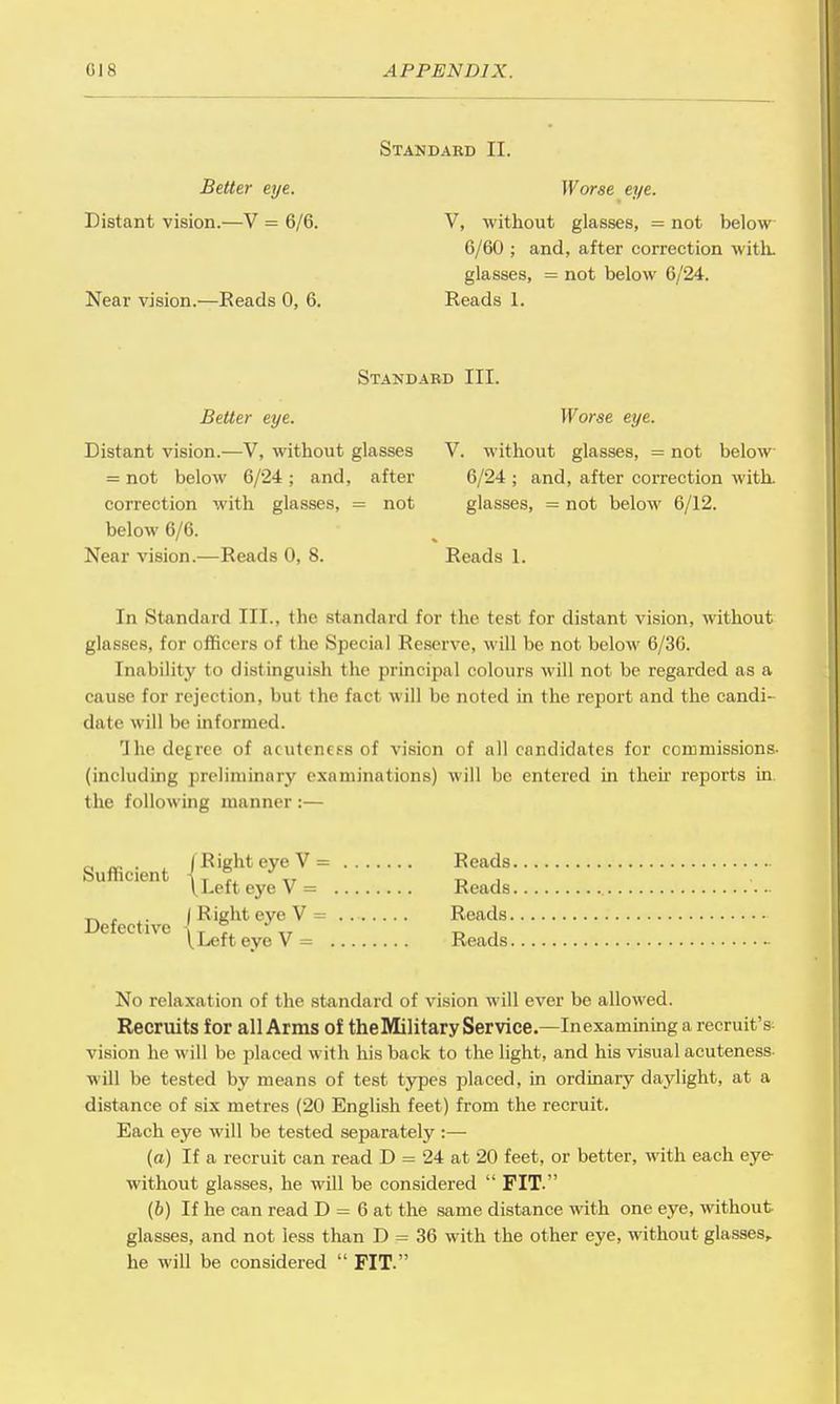Standard II. Better eye. Distant vision.—V = 6/6. Near vision.—Eeads 0, 6. Worse eye. V, without glasses, = not below 6/60 ; and, after correction with, glasses, = not below 6/24. Reads 1. Standard III. Better eye. Distant vision.—V, without glasses = not below 6/24; and, after correction with glasses, = not below 6/6. Near vision.—Reads 0, 8. Worse eye. V. without glasses, = not below 6/24 ; and, after correction with, glasses, = not below 6/12. Reads 1. In Standard III., the standard for the test for distant vision, without glasses, for officers of the Special Reserve, will be not below 6/36. [liability to distinguish the principal colours will not be regarded as a cause for rejection, but the fact will be noted in the report and the candi- date w ill be informed. 1hede£ree of acuteneES of vision of all candidates for commissions- (including preliminary examinations) will be entered in their reports in. the following manner :— n . | Right eye V= Reads. Sufficient -L * B , I. Left eye V = Reads. _ . .. IB ight eye V = Reads. Defective \ ° J ,T {Left eye V= Reads. No relaxation of the standard of vision will ever be allowed. Recruits for all Arms of theMilitary Service.—Inexamining a recruit's vision he will be placed with his back to the light, and his visual acuteness will be tested by means of test types placed, in ordinary daylight, at a distance of six metres (20 English feet) from the recruit. Each eye will be tested separately :— (a) If a recruit can read D = 24 at 20 feet, or better, with each eye- without glasses, he will be considered  FIT. (b) If he can read D = 6 at the same distance with one eye, without glasses, and not less than D = 36 with the other eye, without glasses, he will be considered  FIT.