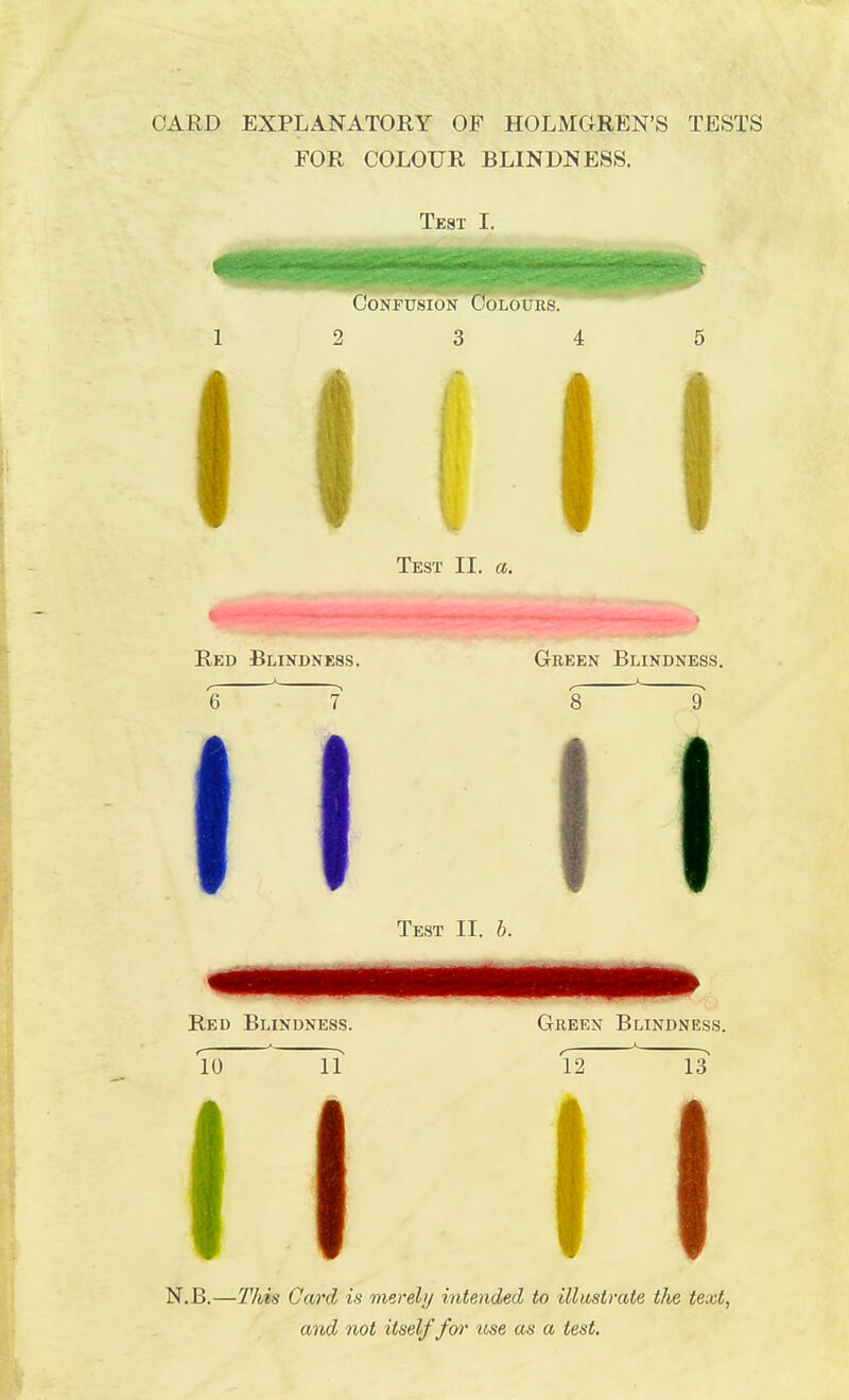 CARD EXPLANATORY OF HOLMGREN'S TESTS FOR COLOUR BLINDNESS. Test I. Confusion Colours. Test II. a. Red Blindness. Green Blindness. 8 9 Test II. b. Red Blindness. Green Blindness. To 11 12 13 N.B.—This Card is merely intended to illustrate the text, and not itself for use as a test.