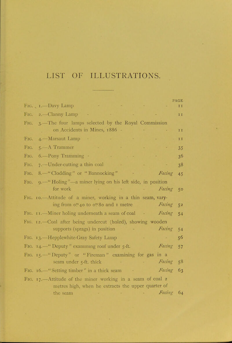LIST OF ILLUSTRATIONS. Fig. . i Fig. 2. Fig. 3. PAGE II Fig Fig Fig Fig. 7 Fig. 8 Fig. q Fig. 10. Fig. 11. Fig. 12. Fig. 13. Fig. 14, Fig. 15 Fig. 16 Fig. 17 —Davy Lam]) —Clanny Lamp —The four lamps selected by the Royal Commission on Accidents in Mines, 1886 - —Marsaut Lamp —A Trammer —-Pony Tramming - —-Under-cutting a thin coal — Clodding  or  Bannocking  Facing 45 — Holing —a miner lying on his left side, in position for work Facing —Attitude of a miner, working in a thin seam, vary- ing from o™4o to o™8o and 1 metre Facing —Miner holing underneath a seam of coal - Facing —Coal after being undercut (holed), showing wooden supports (sprags) in position - Facing 54 —Hepplewhite-Gray Safety Lamp 56 — Deputy  examining roof under 5-ft. Facing 57 — Deputy or  Fireman  examining for gas in a seam under 5-ft. thick Facing 58  Setting timber in a thick seam Facing 63 —Attitude of the miner working in a seam of coal 2 metres high, when he extracts the upper quarter of the seam - Facing 64 11 11 11 35 36 38 5° 52 54