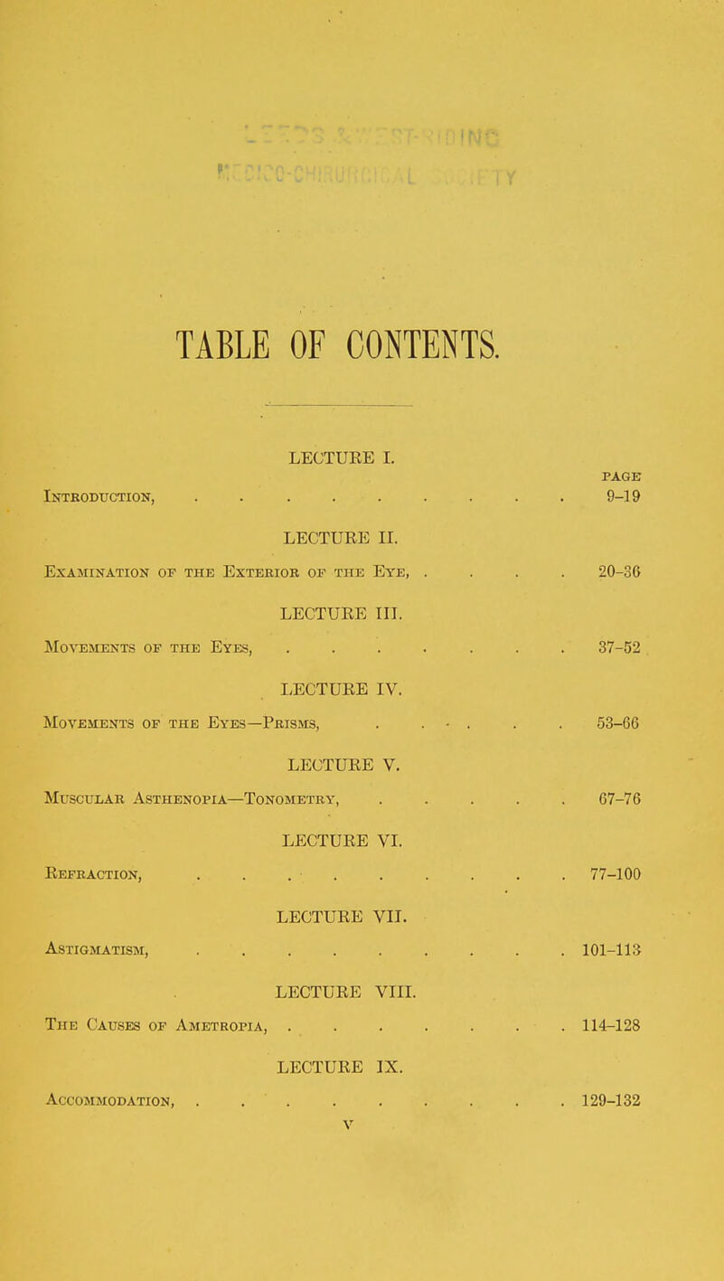 TABLE OF CONTENTS. LECTURE I. Introduction, ..... LECTURE II. Examination of the Exterior of the Eye, LECTURE III. Movements of the Eyes, LECTURE IV. Movements of the Eyes—Prisms, LECTURE V. Muscular Asthenopia—Tonometry, LECTURE VI. Refraction, . . LECTURE VII. Astigmatism, ..... LECTURE VIII. The Causes of Ametropia, . LECTURE IX. Accommodation, .....